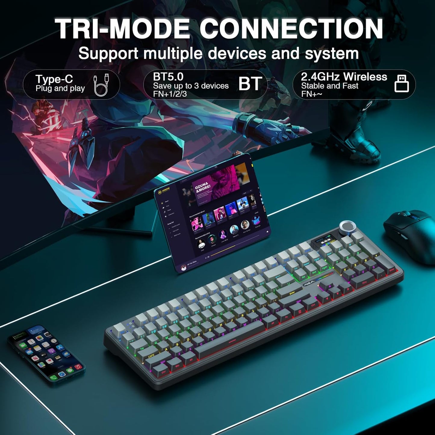 AULA F108 PRO - Wireless Mechanical Keyboard with Screen & Knob,Full Size Keyboard with 8000mAh Battery,Pre-lubed Switches,Side Printed PBT Keycaps,RGB Backlit Hot Swappable Custom Gaming Keyboards