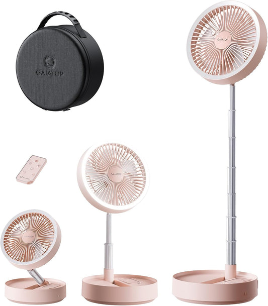 Gaiatop Portable Pedestal Fan 16000mAh Battery [Max 74h Runtime], Foldable Oscillating Standing Fan, Collapsible Desk Fans, LED Light, Case & Remote Control, 4 Speeds for Outdoor Travel Camping (Pink)
