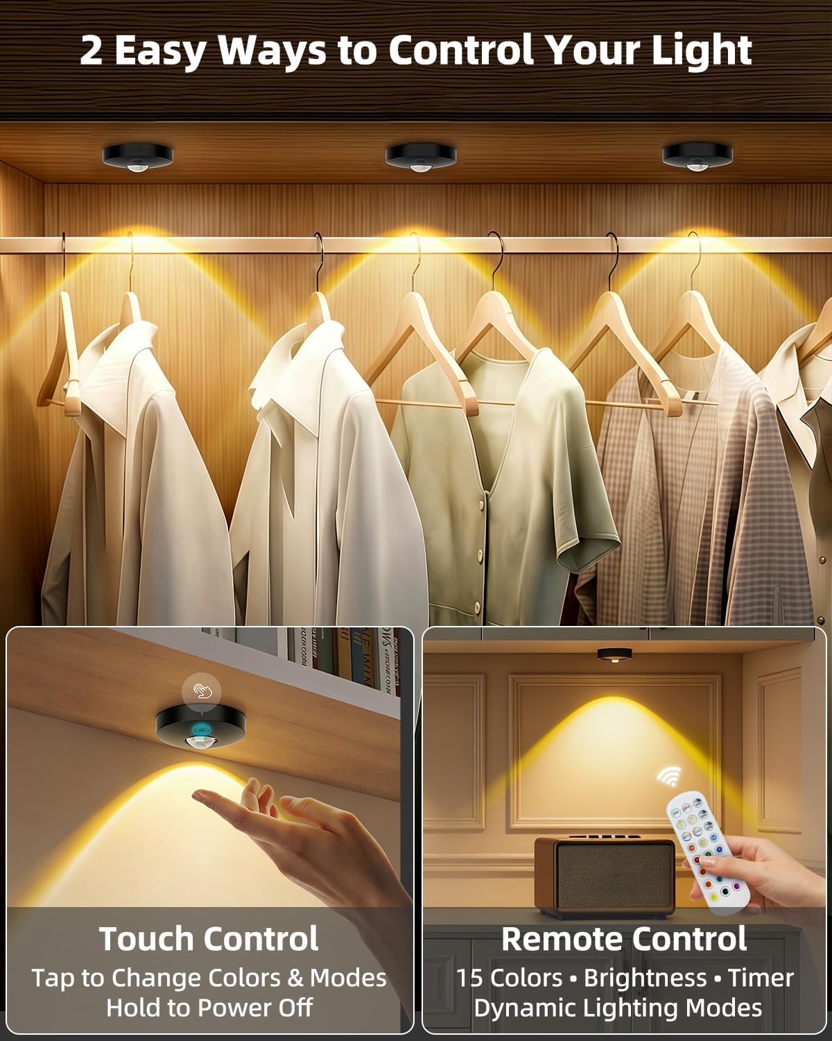 Rechargeable RGB Puck Lights with Remote Control, 1500mAh Battery Operated Push Lights, Dimmable &amp; Timer Under Cabinet Lighting for Closet, Bedroom, Kitchen Black 6Pcs