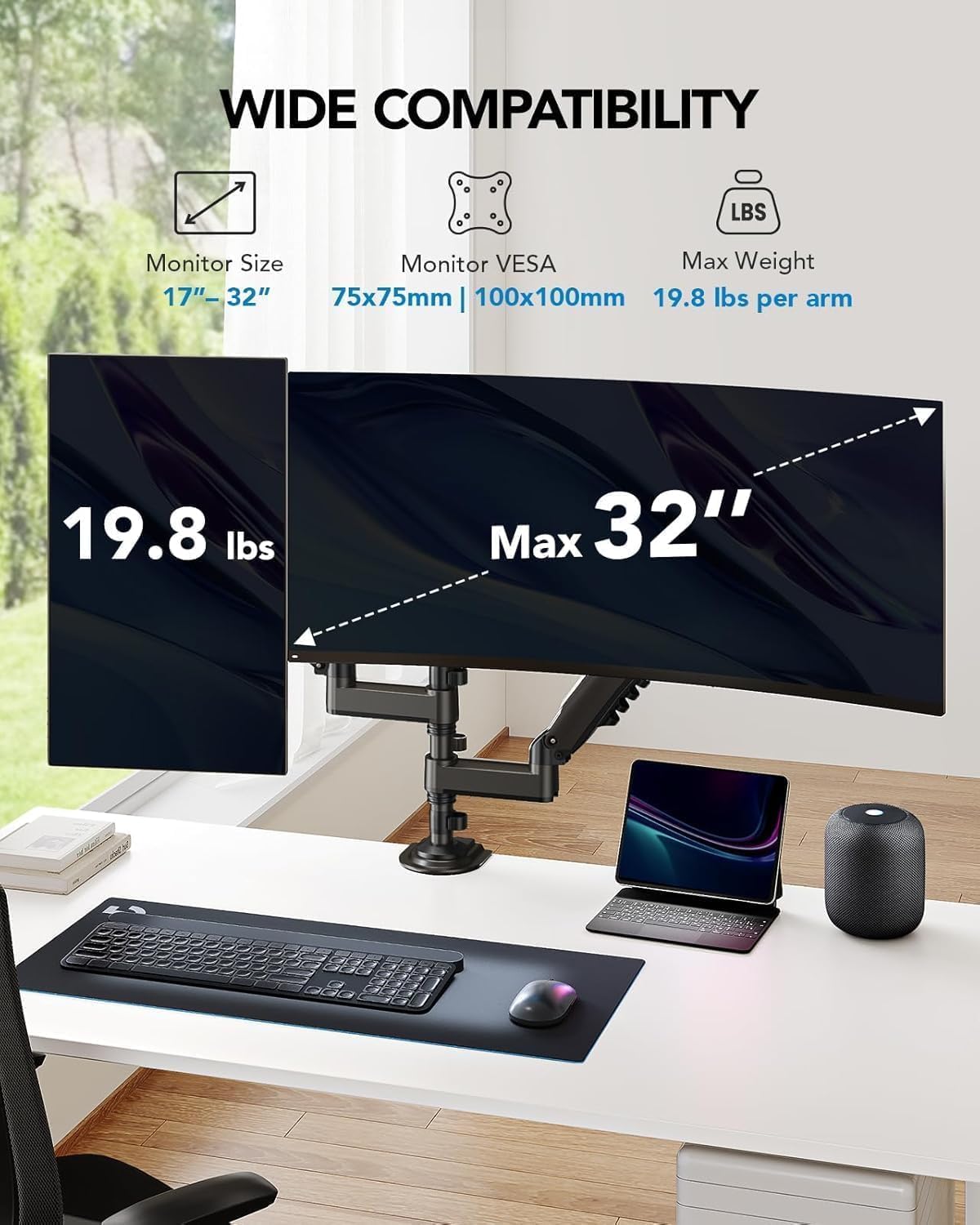 HUANUO 17-32 Inch Dual Monitor Stand, Vertical Dual Monitor Mount, Monitor Stand 2 Monitors, Ergonomic Adjustable Tilt/Swivel/Rotate, Weight Max 19.8 lbs, VESA 75/100mm