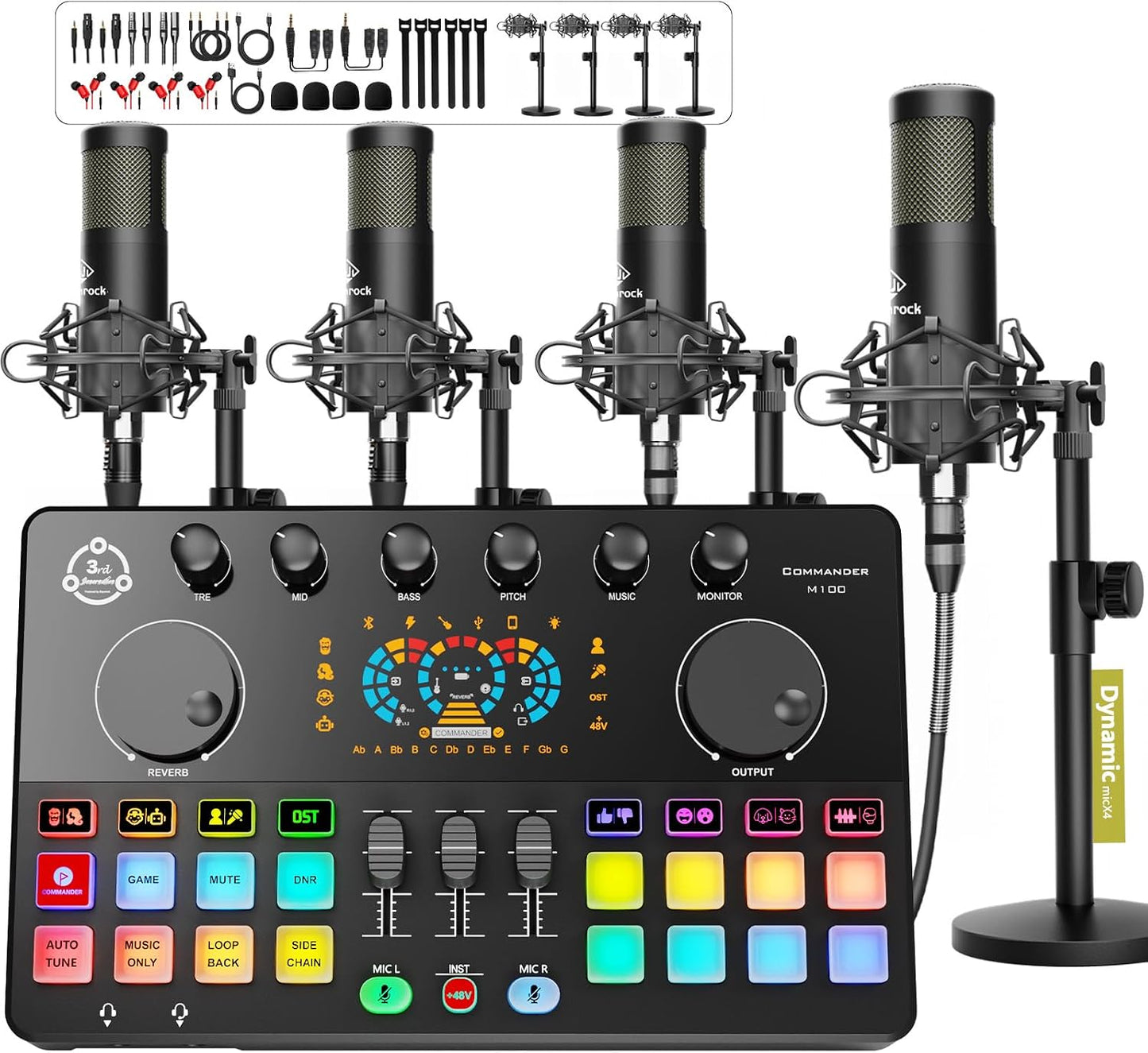 Podcast Equipment Bundle for 4, Audio Interface with 4 Dynamic Microphone, 4 Desktop Mic Stands, Voice Change, DJ Mixer for Vocal Recording Podcasting,Streaming,Singing TikTok, COMMANDER M100 3rd