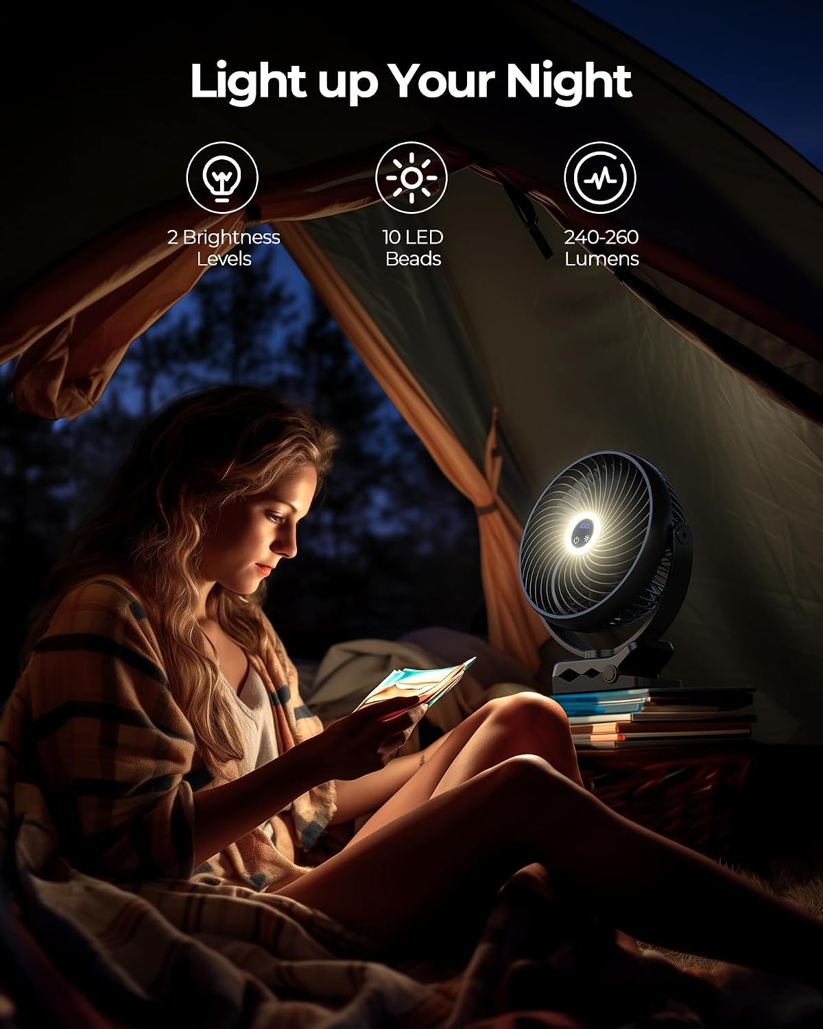 Koonie 8'' 10000mAh Portable Clip on Fan with LED Lantern and Hook | Battery Operated Desk Fan, Quiet Camping Fan with LED Digital Display, 360° Rotation & 3 Speeds for Travel Tent Gym Treadmill