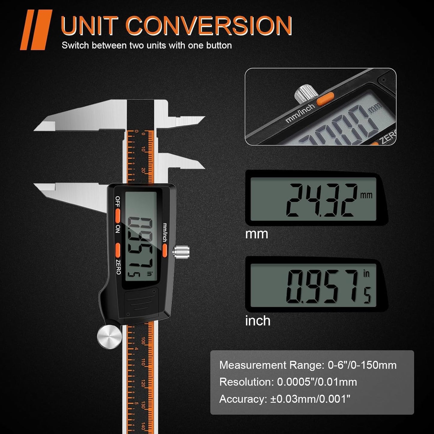 HARDELL Digital Caliper 6 Inch Large LCD Screen Calipers Measuring Tool | Auto-Off Feature, Inch/Millimeter Conversion, Electronic Vernier Caliper Micrometer for Jewelers/Woodworkers/DIY