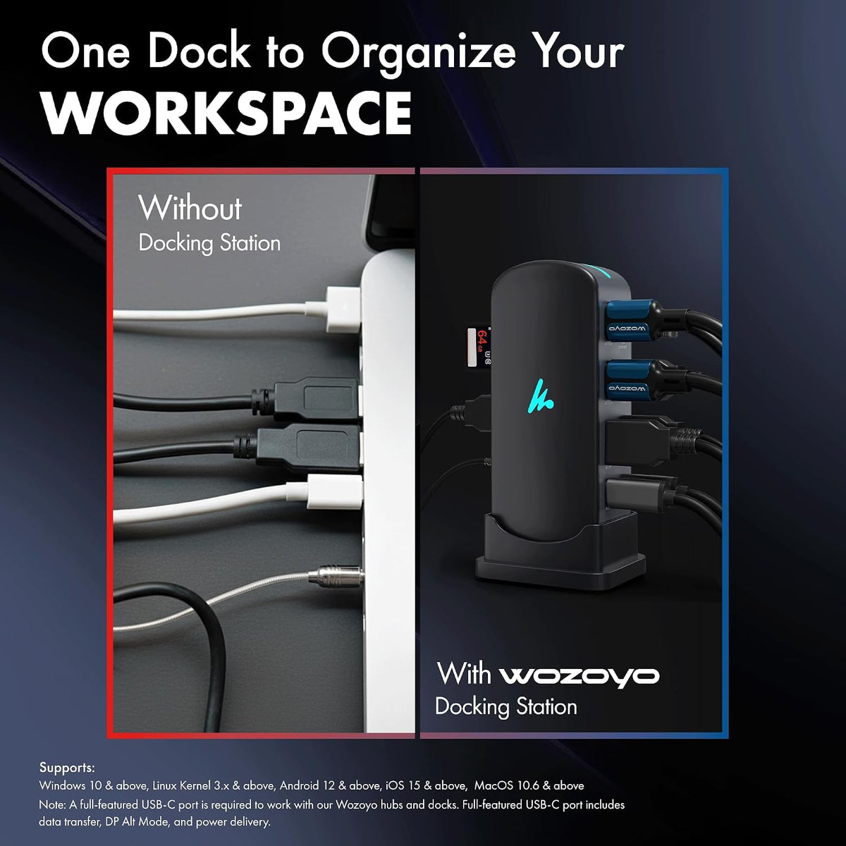 Type C 11 in 1 Wozoyo Docking Station, PD 100W, 2X4K@60Hz HDMI, 4K DisplayPort,2XUSB 5Gbps, 1 Gigabit Ethernet, SD/TF,AUX Port, Compatible Thunderbolt 4, macOS, Windows, Android & iOS