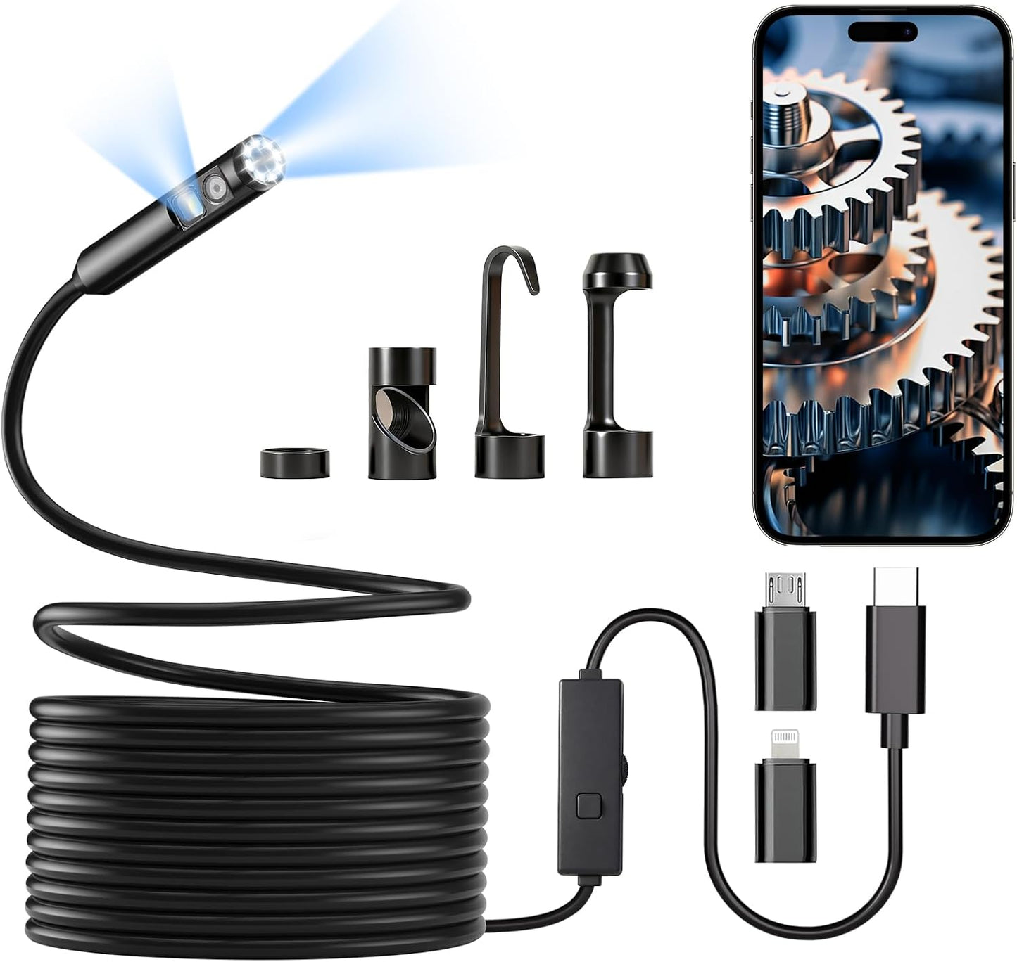 Endoscope Camera with Light, 1920P HD Borescope, 8 Adjustable LED Light, IP67 Waterproof 16.4ft Snake Camera, Semi-Rigid Cable Inspection for Android, iOS