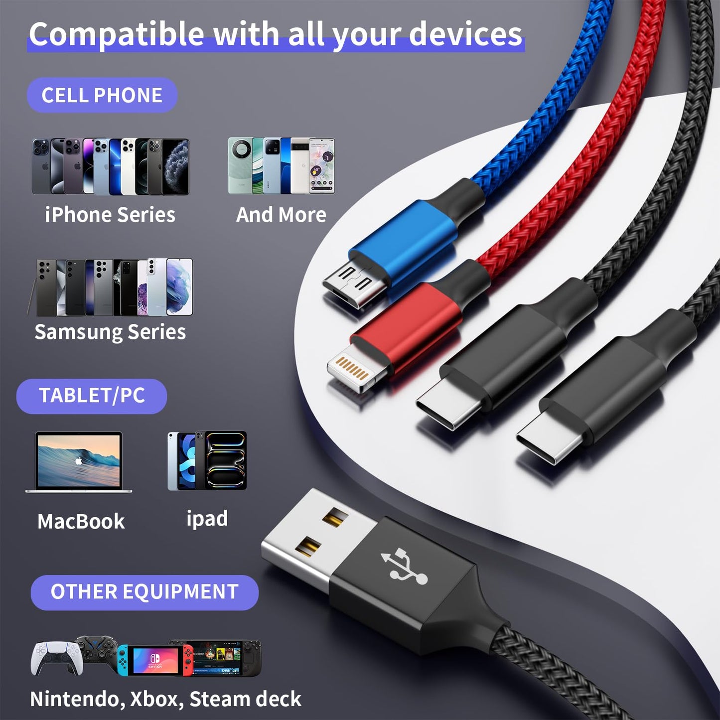 Dual TypeC 4 in 1 Multi Charging Cable, Charging Cords for Multiple Devices | 2Pack 5FT USB Cable, Universal Phone Charger Cord for iPhone17-8/Androids/iPad and More, Travel Essentials Car Accessories