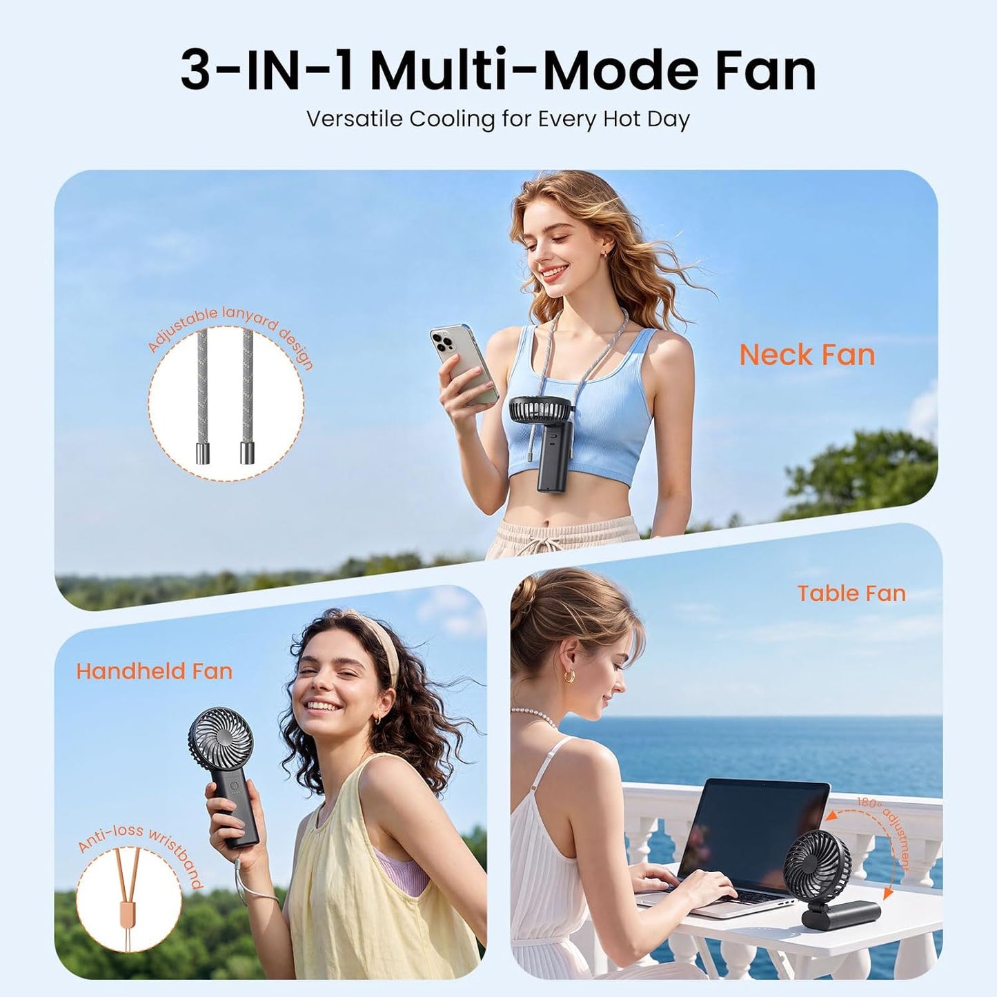 HandFan 2026 𝐔𝐩𝐠𝐫𝐚𝐝𝐞𝐝 Handheld Fan, Hands Free Necklace Fan with lanyard, 8000𝐦𝐀𝐡, 38 Hours Cooling Runtime,180° Foldable (Black)