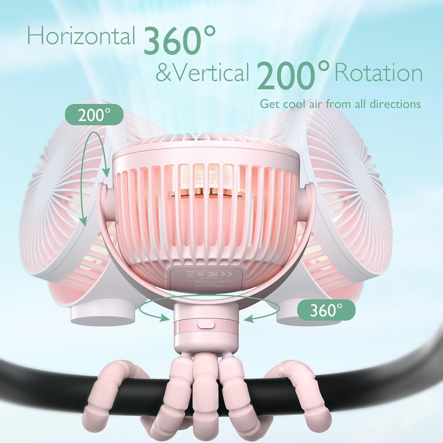 Momcozy 8000mAh Portable Stroller Fan, 27H Ultra-long Battery Life | Detachable 4 Speed 360°Rotate LED Night Light with 2 Modes, USB Rechargeable Handheld Cooling Fan for Travel/Car Seat/Bedroom