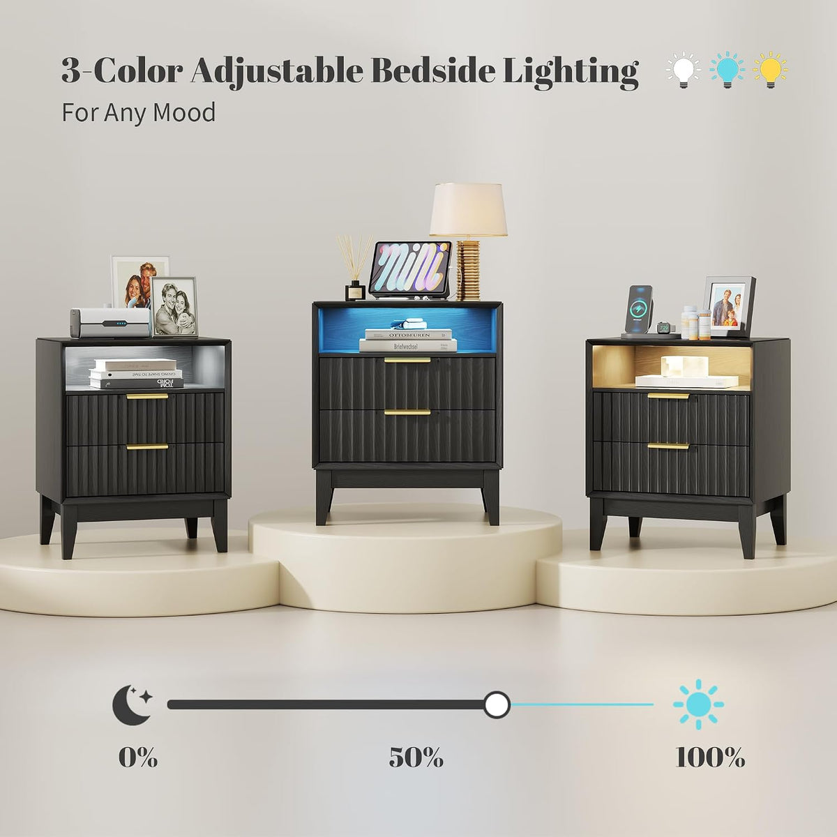 LVSOMT 20“ W Fluted LED Nightstand with Charging Station, RFID Lock, Black