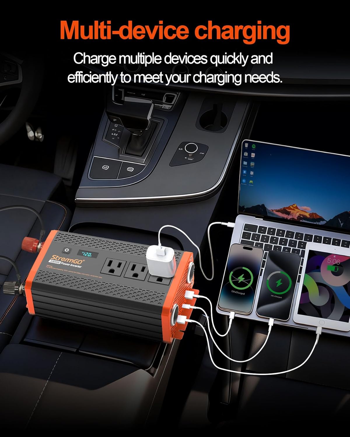 1000W Power Inverters for Vehicles,Car Inverter 12V to 110V/120V | 2 Cigarette lighter port,3 AC Output,2 USB port USB 24W,1 Type-C port PD 30W,Flameproof endosure,LED Display