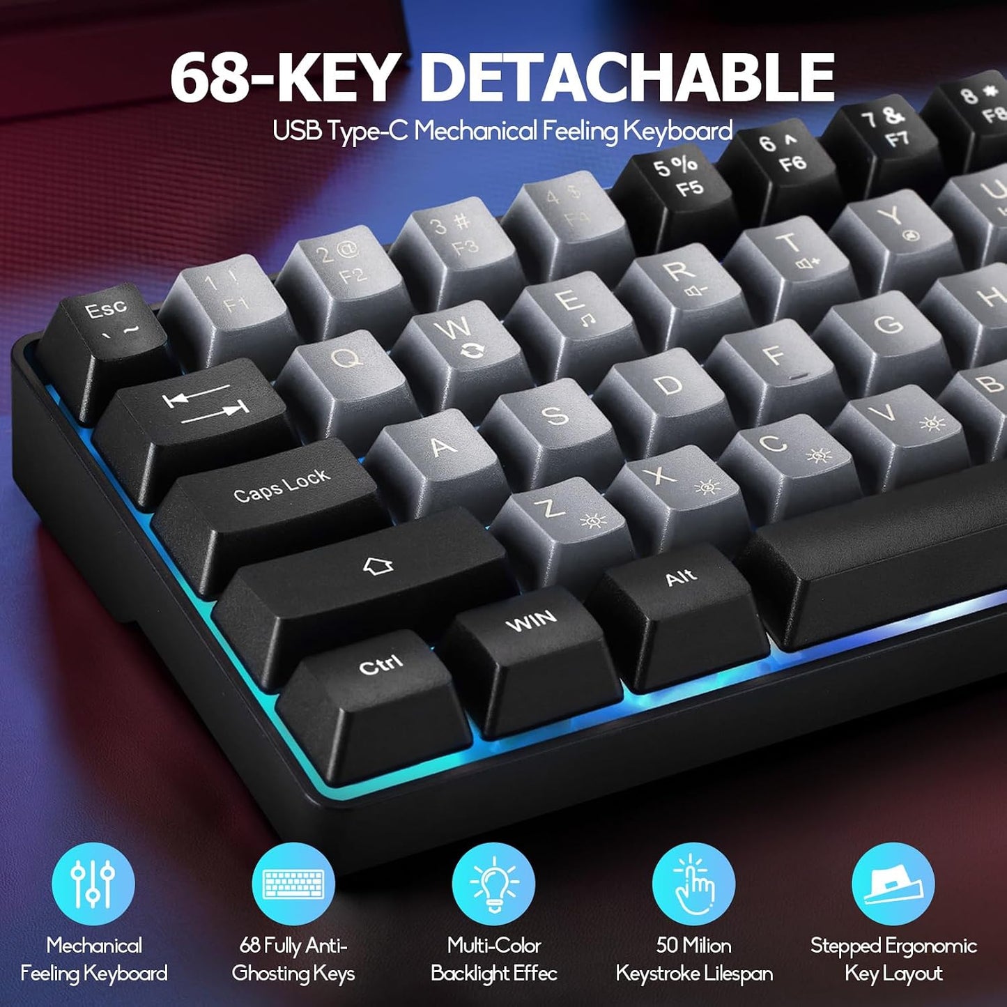 Guiheng Wired Portable 60% Mechanical Gaming Keyboard,RGB LED Backlit Compact 68 Keys Mini Wired Office Keyboard with Red Switch for Windows Laptop PC Mac -Grey and Black