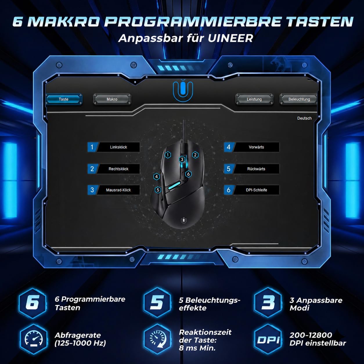 Uineer Wired Gaming Mouse, 7200 DPI, 6 Programmable Buttons, RGB Lighting | 6 programmable buttons, adjustable 7200 DPI, RGB lighting and quiet clicks for work or gaming