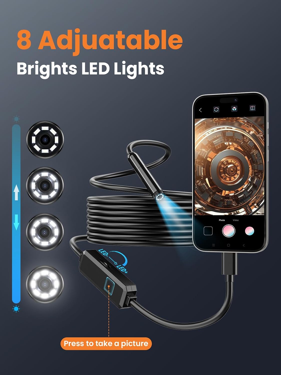 Endoscope Camera with Light, 1920P HD Borescope with 8 LED Lights, 16.5 FT Semi-Rigid Snake Inspection Camera, IP67 Waterproof Drain Pipe Borescope Mens Tool for iOS and Android