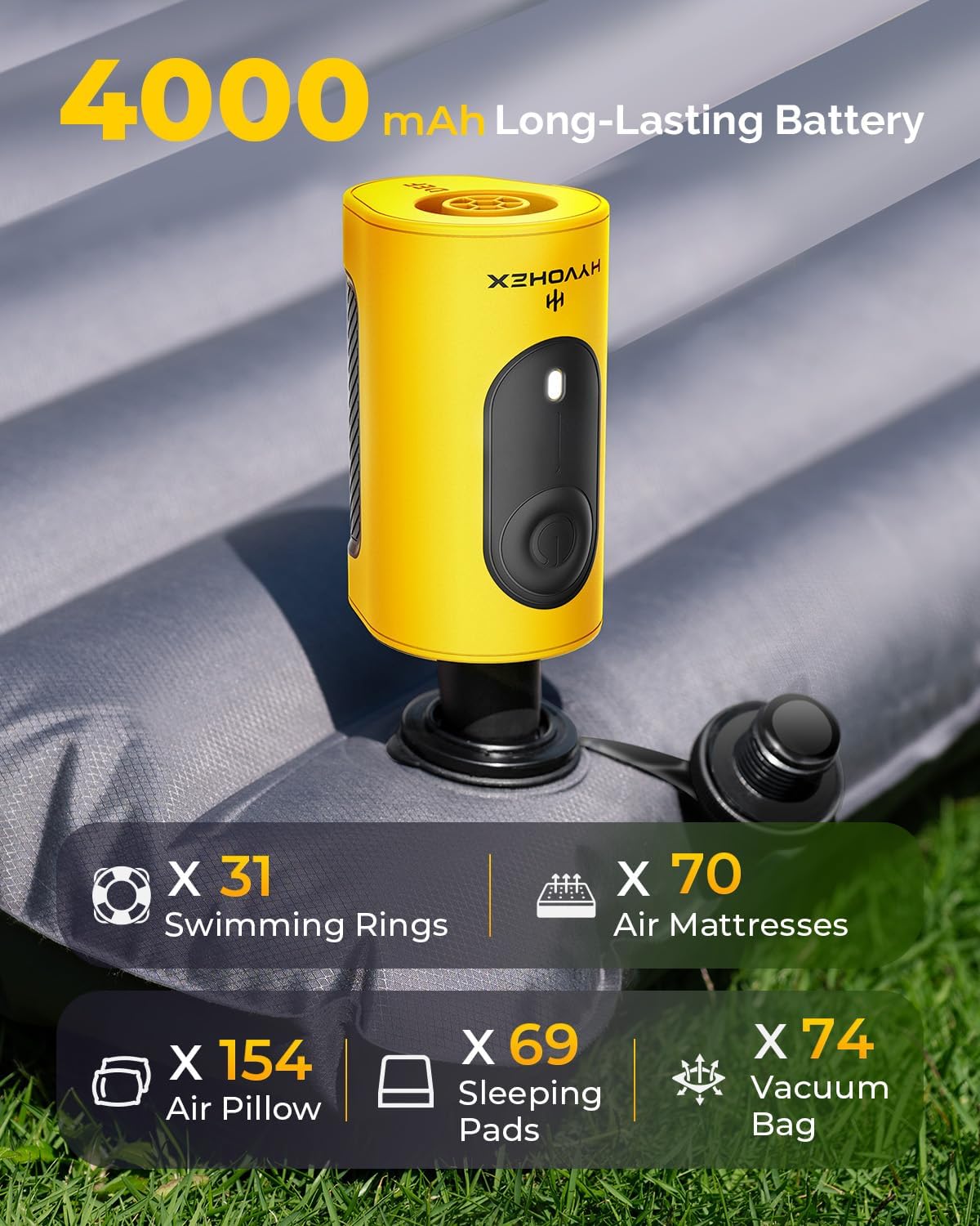 Portable Air Pump for Inflatables, 4000mAh Ultra Fast Air Mattress Pump with Advanced Heat Dissipation, 3 Nozzles Electric Air Pump Inflate Deflate for Sleeping Pads, Pool Floats