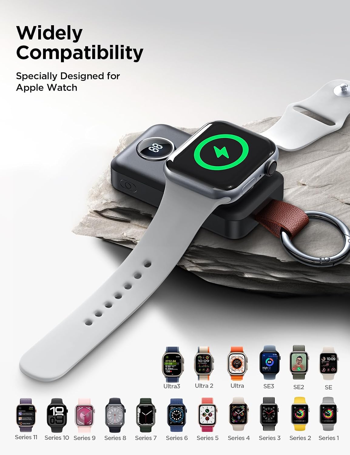 JOYROOM Portable 2000mAh Wireless Charger Compatible for Apple Watch Series 11/10/9/8/7/6/5/4/3/2/1/SE/UItra 3/UItra 2/Ultra, Compact Magnetic iWatch Charger Keychain Style Travel Essentials (Black)