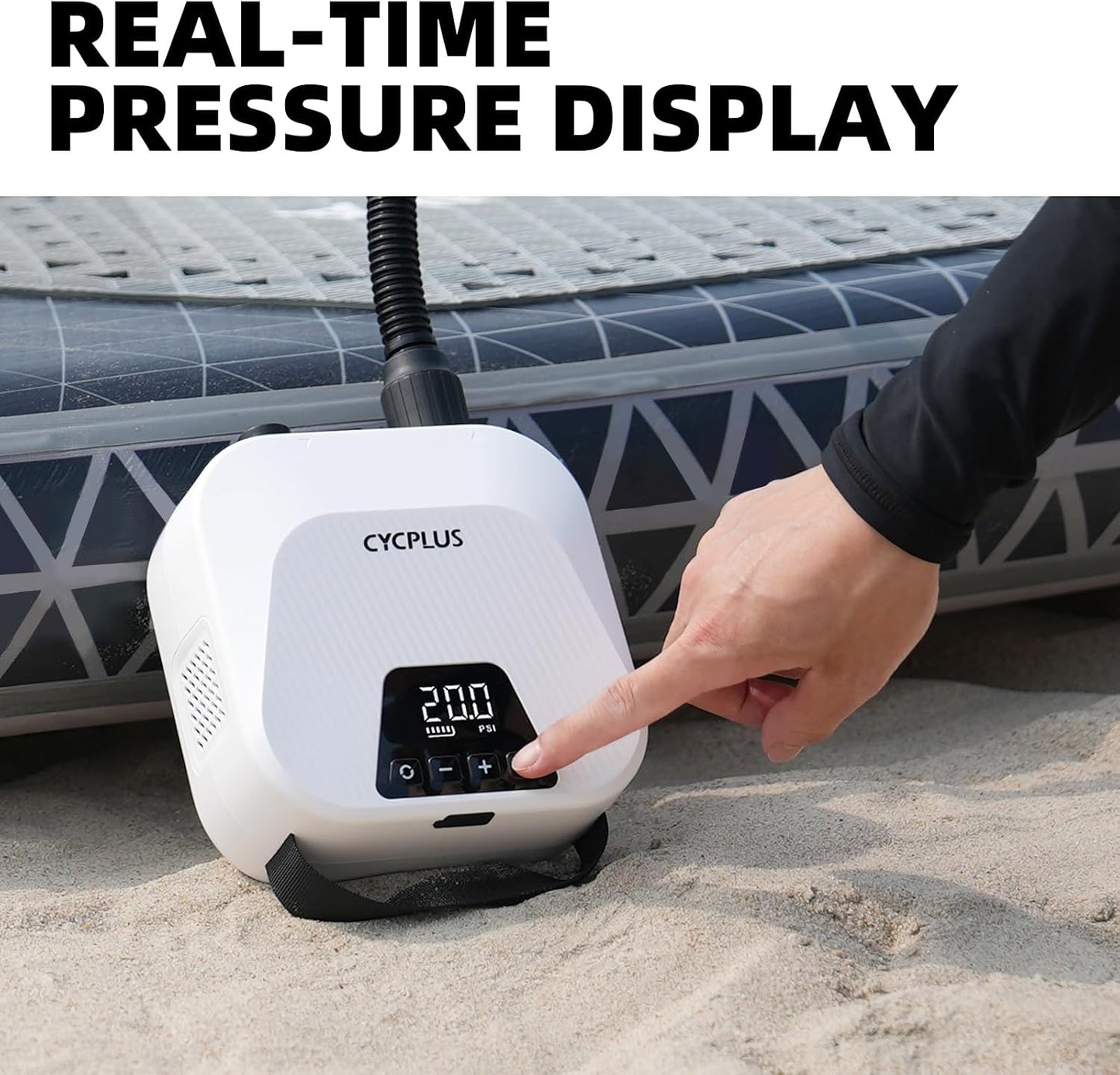 CYCPLUS Smart SUP Air Pump, 20PSI, 38.48Wh Battery, Inflation & Deflation | Compact size, 1.14kg, Auto-Off, 7 Nozzles, Air Pump for Stand Up Paddle Boards,Surfing Kite, Tent, Mattress