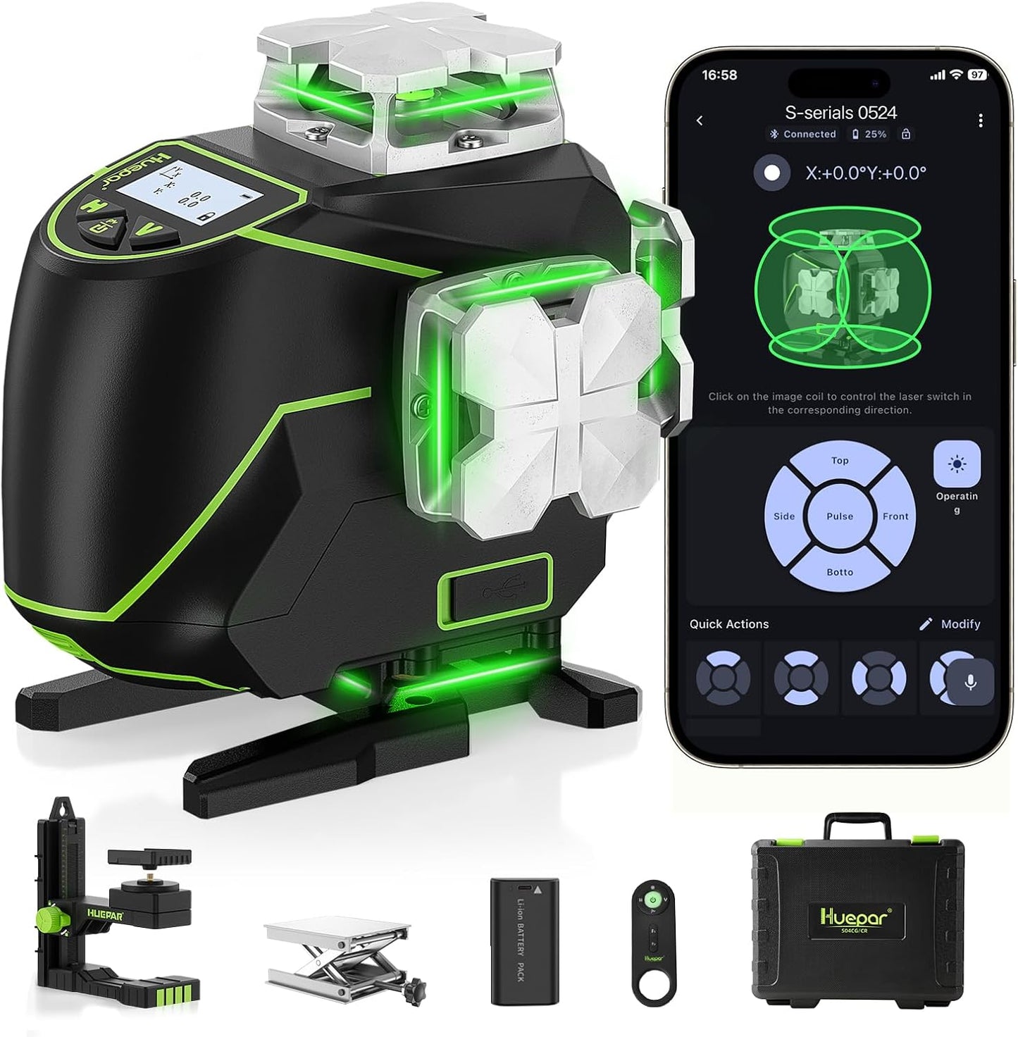 Huepar Laser Level 360 Self Leveling, S04CG 4x360° Green 4D Cross Line Laser with LCD Screen, Bluetooth Outdoor Pulse Mode, Remote Control, Rechargeable 16 Lines Laser Tool for Construction/Tile/Floor