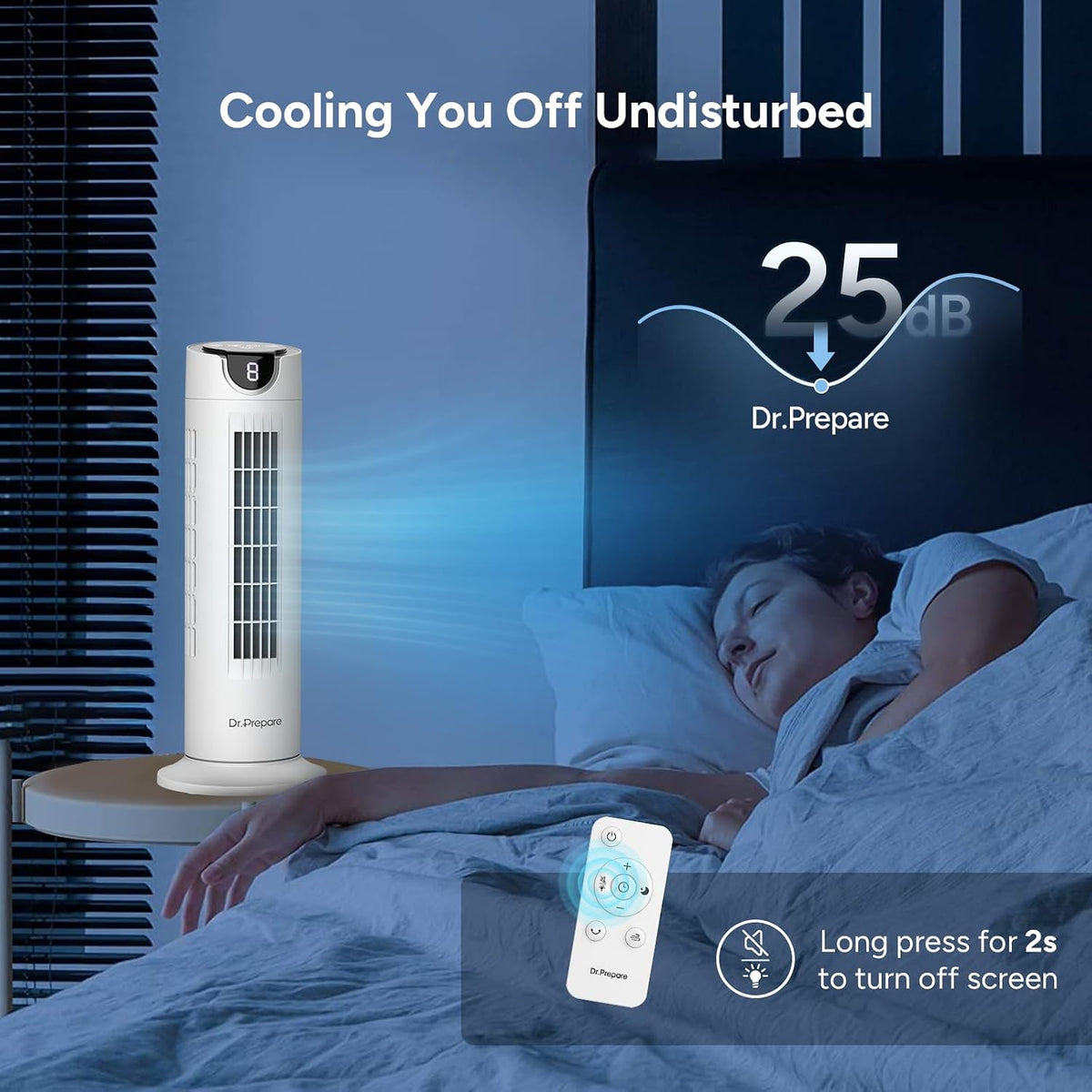 DR.PREPARE Tower Fan for Bedroom, 25 dB Quiet DC Motor Bladeless Fan, Detachable Washable Design, 8 Speeds, 8H Timer, 80° Oscillating Fans for Indoors, 16 Inch Desk Table Fans with Remote, White