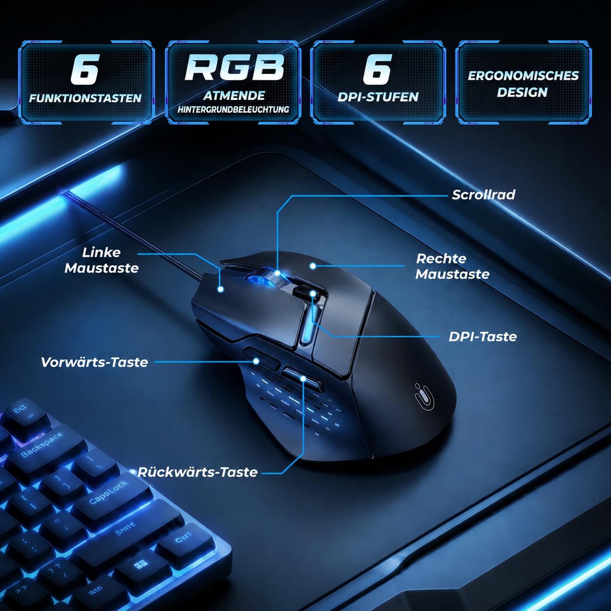 Uineer Wired Gaming Mouse, 7200 DPI, 6 Programmable Buttons, RGB Lighting | 6 programmable buttons, adjustable 7200 DPI, RGB lighting and quiet clicks for work or gaming