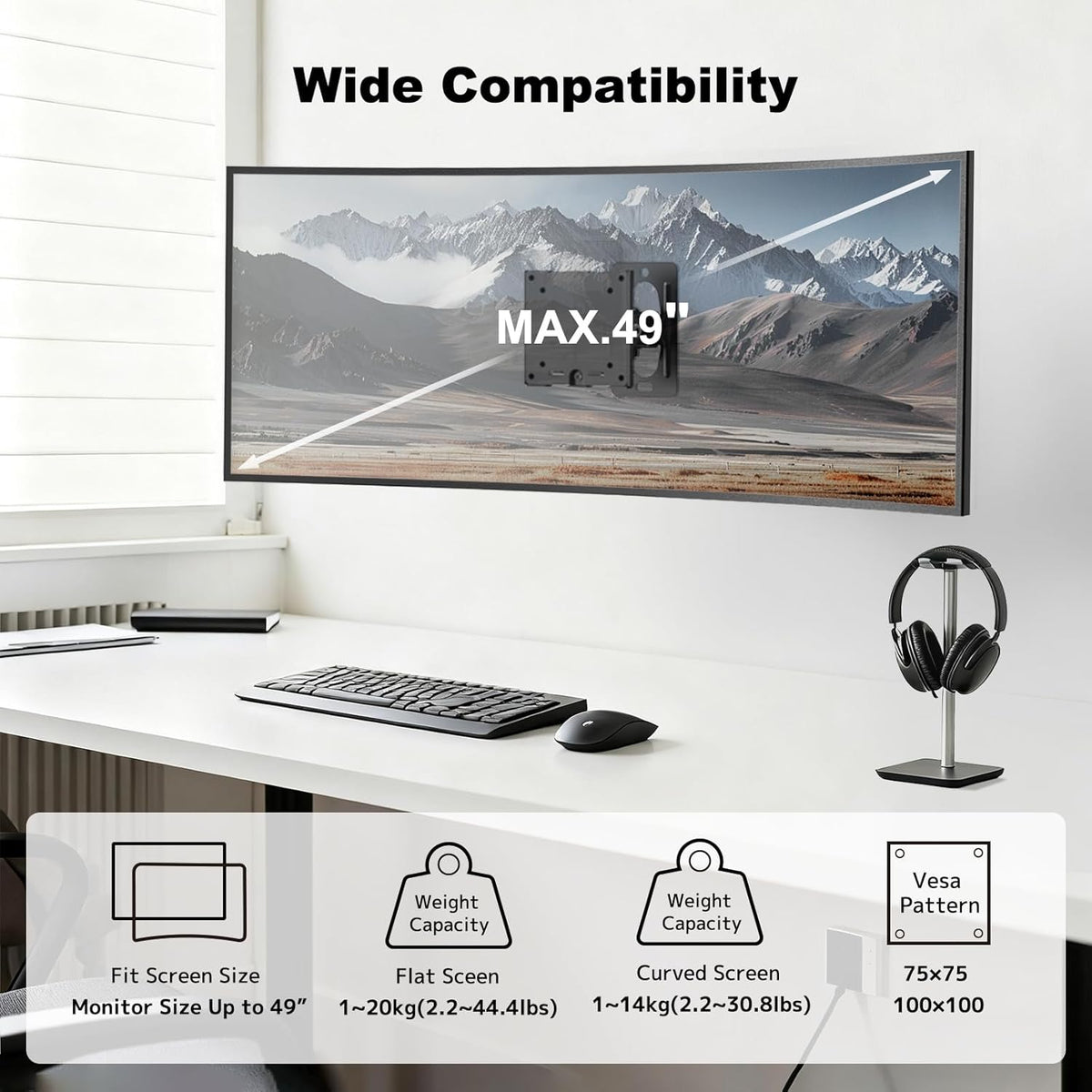 Monitor Wall Mount for 17–49 Inch inch Flat/Curved Ultrawide Screens | Heavy Duty Up to 44 lbs,Full Motion,Quick-Release VESA Plate,VESA 75/100 mm,Black