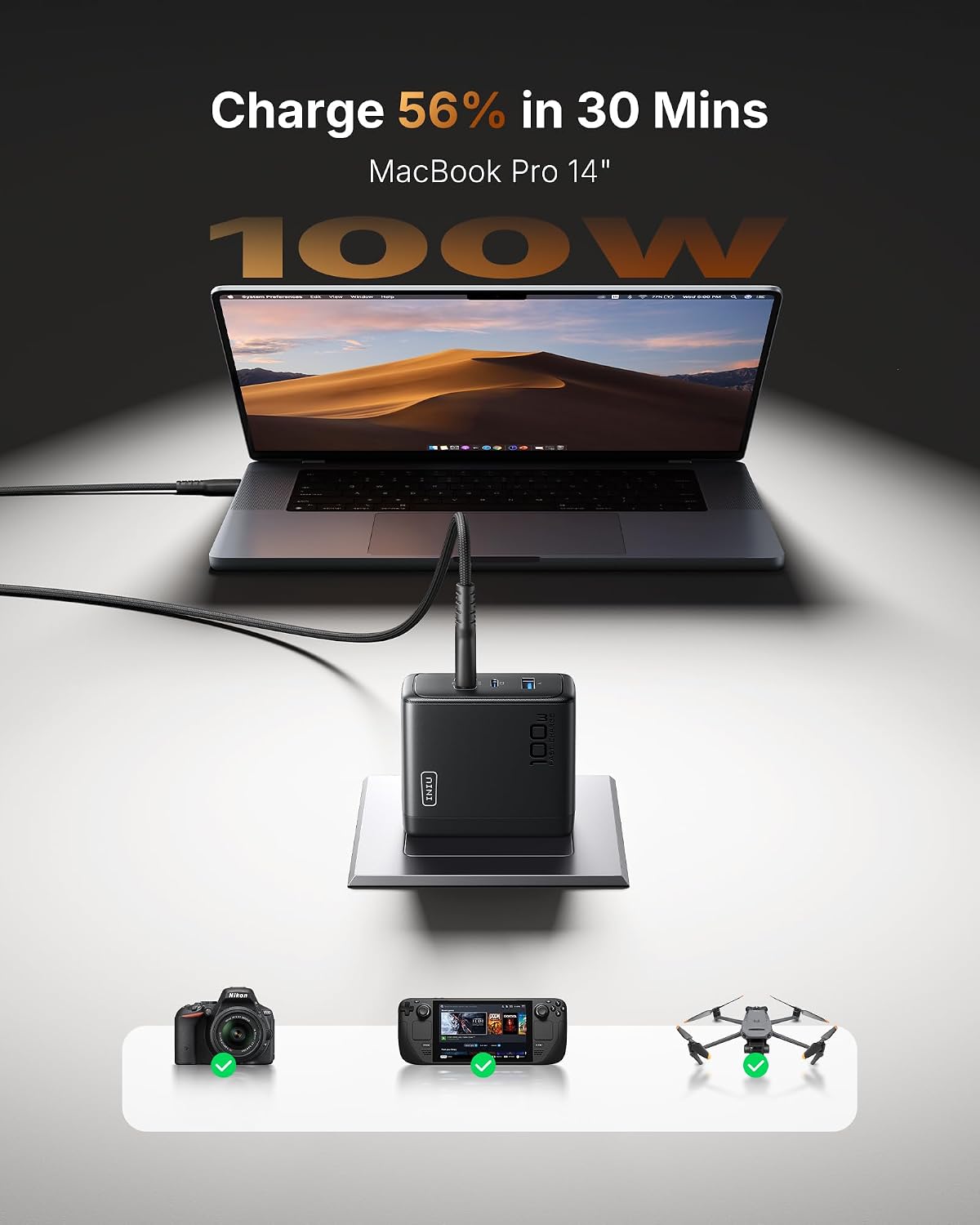 INIU 100W USB C Charger, 3-Port GaN Fast Charging Block with 5ft USBC Cable | 30% Smaller, Foldable Plug, GaN Tech, Multi Port, Travel Laptop Charger for MacBook Pro Air Neo, iPhone 17, Samsung, Dell etc