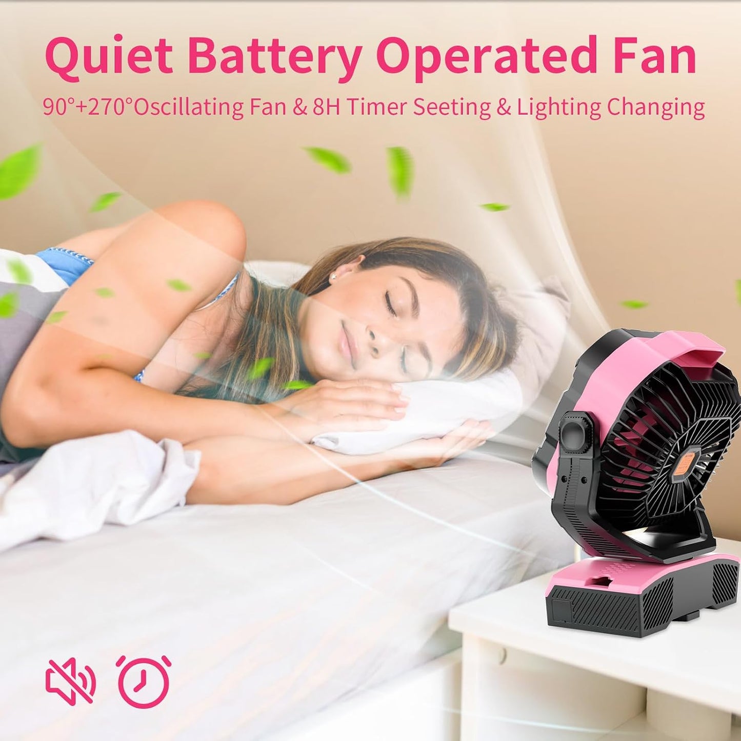 WESTTREE Camping Fan Oscillating Portable Fan 20000mAh Battery Powered Fans Rechargeable Camping Tent essentials Light Hook 270° Pivot USB Desk Outdoor Battery Operated X68 Pink