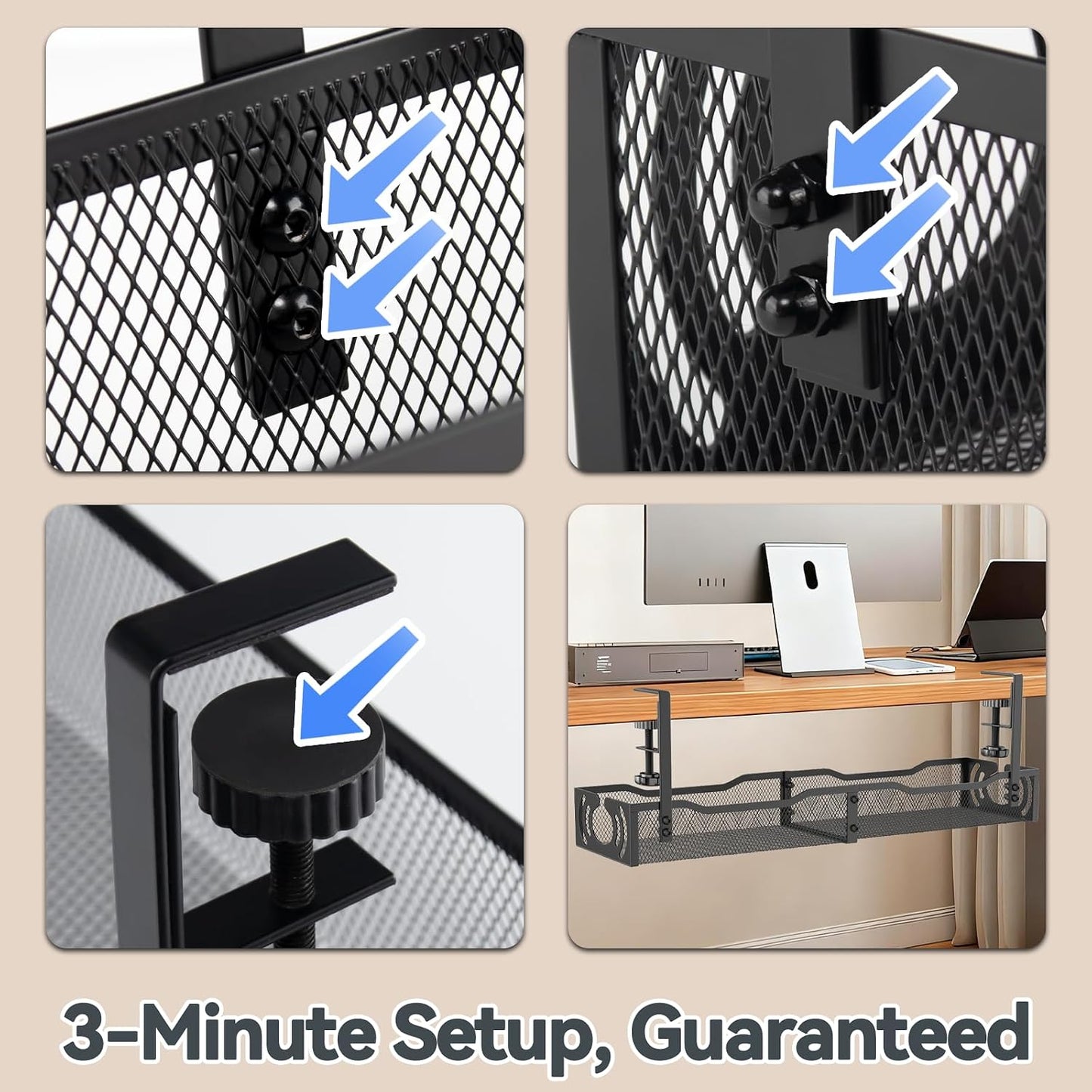 Cable Management, 25.3'' Under Desk Cable Management Tray No Drill | Metal Cable Organizer with Clamp for Wire Management, Cord Organizer for Home Office, Desk Accessories Organizer, Black