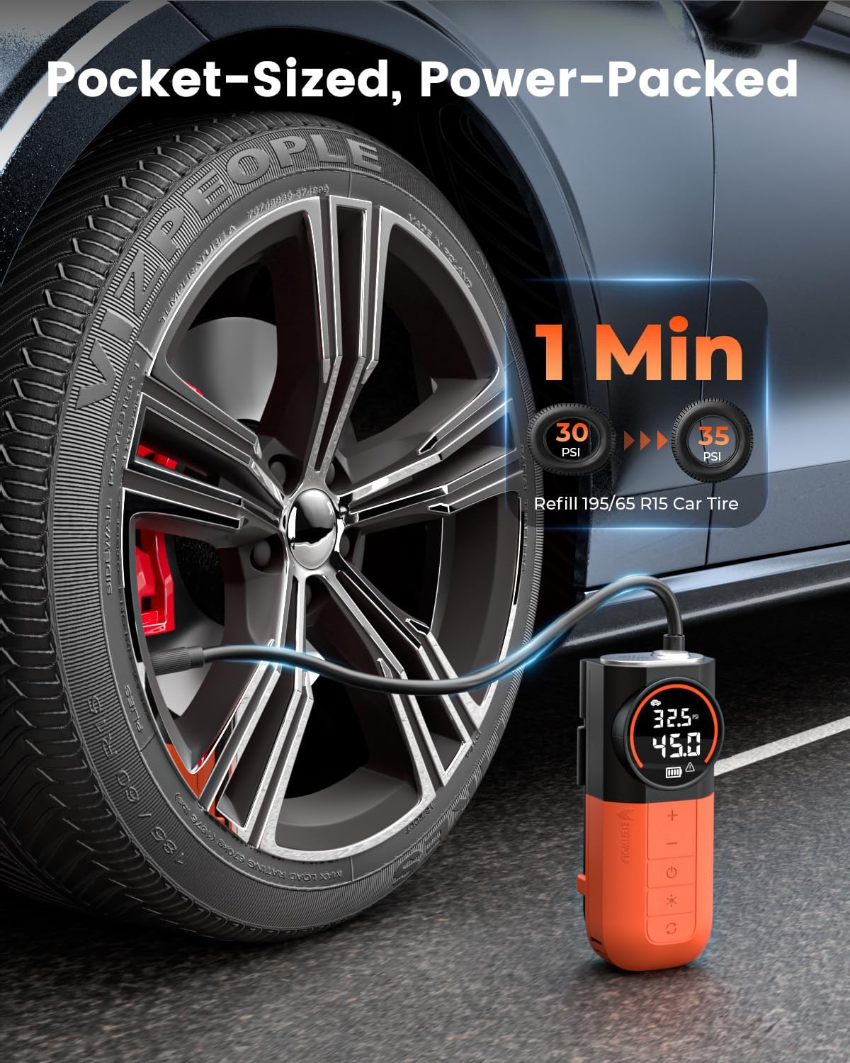ETENWOLF S1 Tire Inflator Portable Air Compressor, 160PSI Cordless Air Pump | Fast Inflation,Tire Pump for Car Tires,Motorcycle,Balls-Bike Pump with LED Light-Auto-Shut Off-Digital Pressure Gauge, Orange