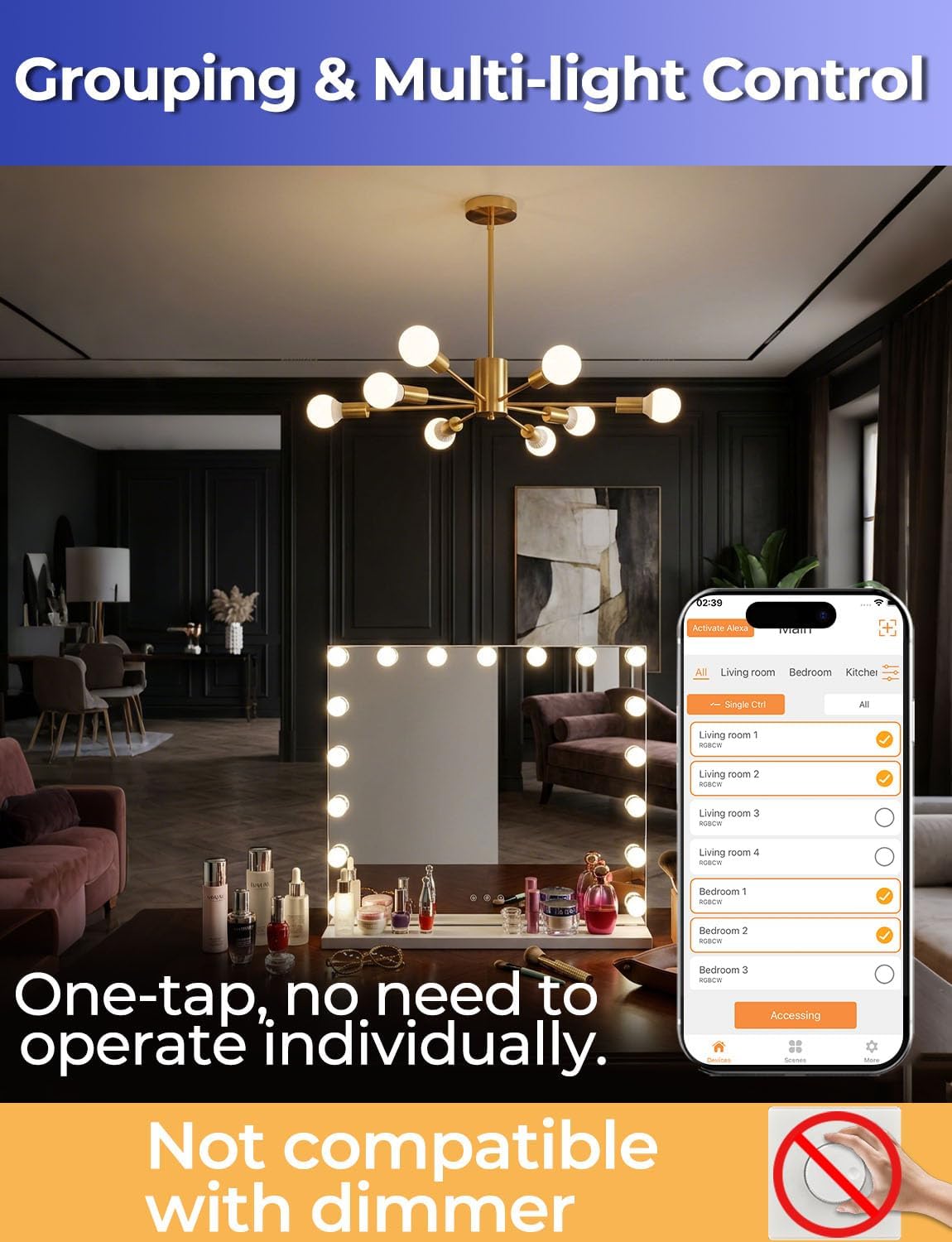 ILC G25 Globe Light Bulbs,BRMESH App-Controlled Bluetooth Mesh LED 6W Round Bulb, 60W Equivatlent, 600LM, CCT: 2700K-6000K, CRI>95+, E26 Base, 120V for Pendant fixtures, Vanity, Bathroom (6 Pack)