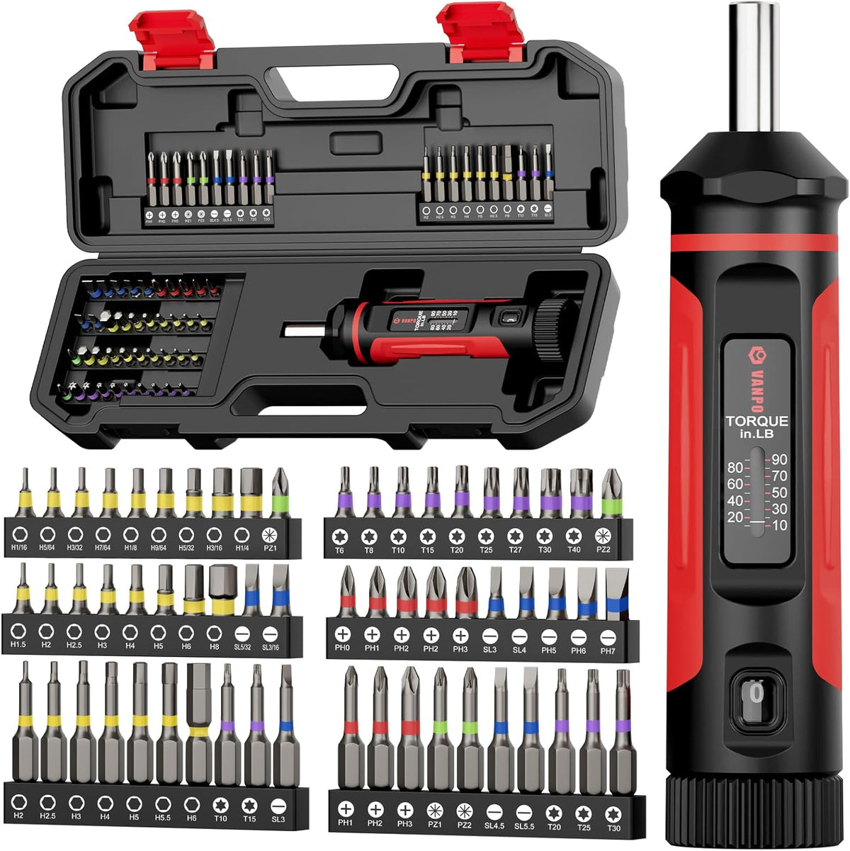 VANPO Torque Screwdriver 15-75 in-lb, 1/4" Drive Precision Driver Set | Inch Pounds Torque Wrench, 40 S2 Steel Bits for Gunsmithing, Bike Repair, Scope Mounting, Maintenance, DIY