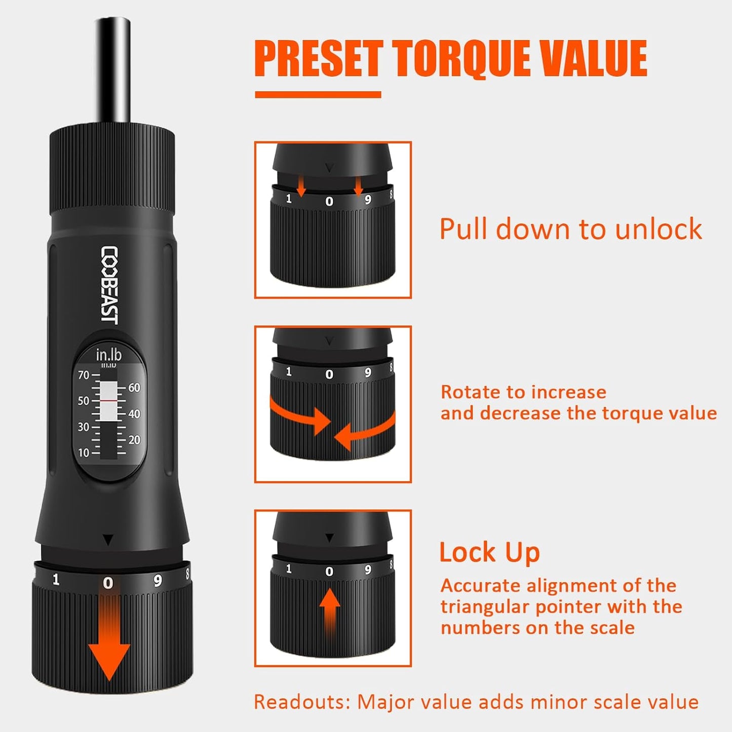 coobeast 49Pcs Preset 1/4” Drive Torque Screwdriver with S2 Bits | Torque Wrench Screwdriver Set, for Maintenance,Tools,Bike Repairing,Mounting,Inch Pound Torque Range 10-70 In-lb