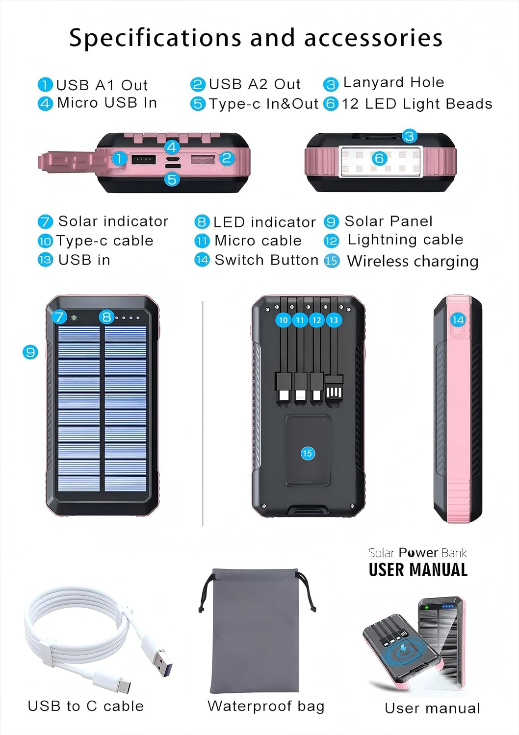 Solar Power Bank 49800mAh, Portable Charger with Built-in 4 Cables, 22.5W Fast Charging Solar Panel Charger for Traveling, Camping and Emergency(Pink)