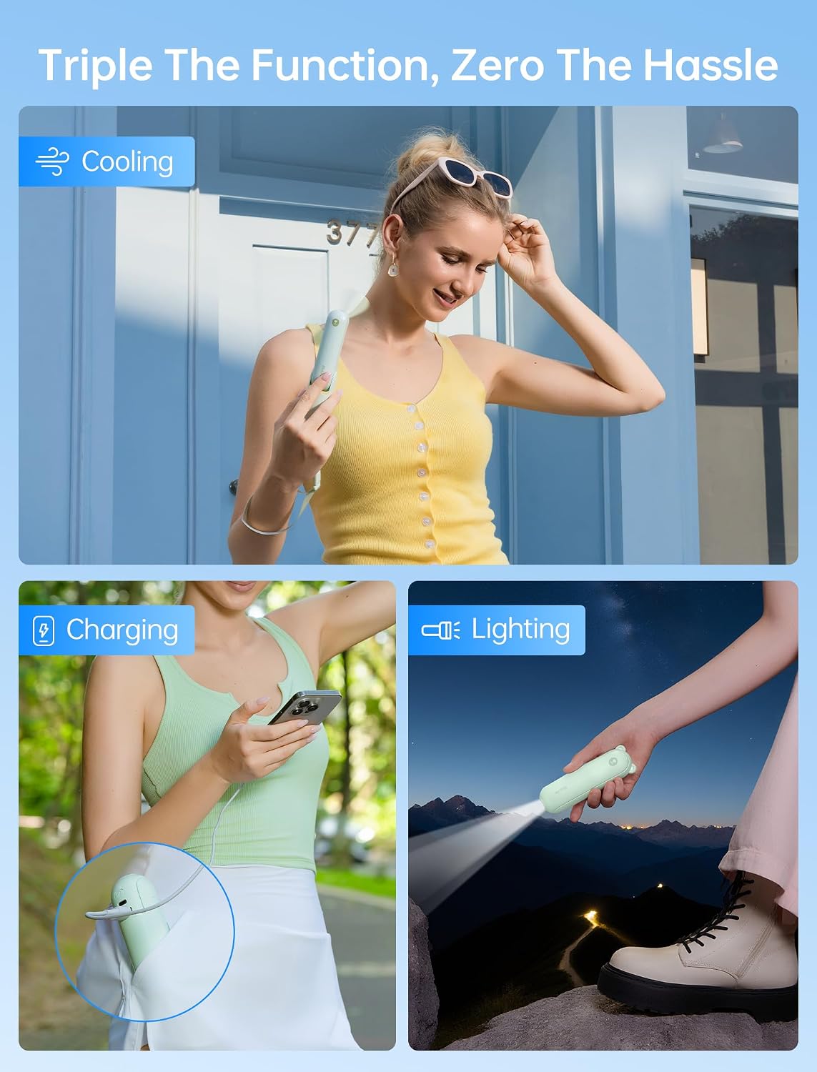 JISULIFE 3 IN 1 Portable Fan with Power Bank & Flashlight Featured | 19H Max Cooling, USB Rechargeable, Pocket-Sized Handheld Fan for Travel, Cruise, Concerts, Makeup, Summer Gifts for Women
