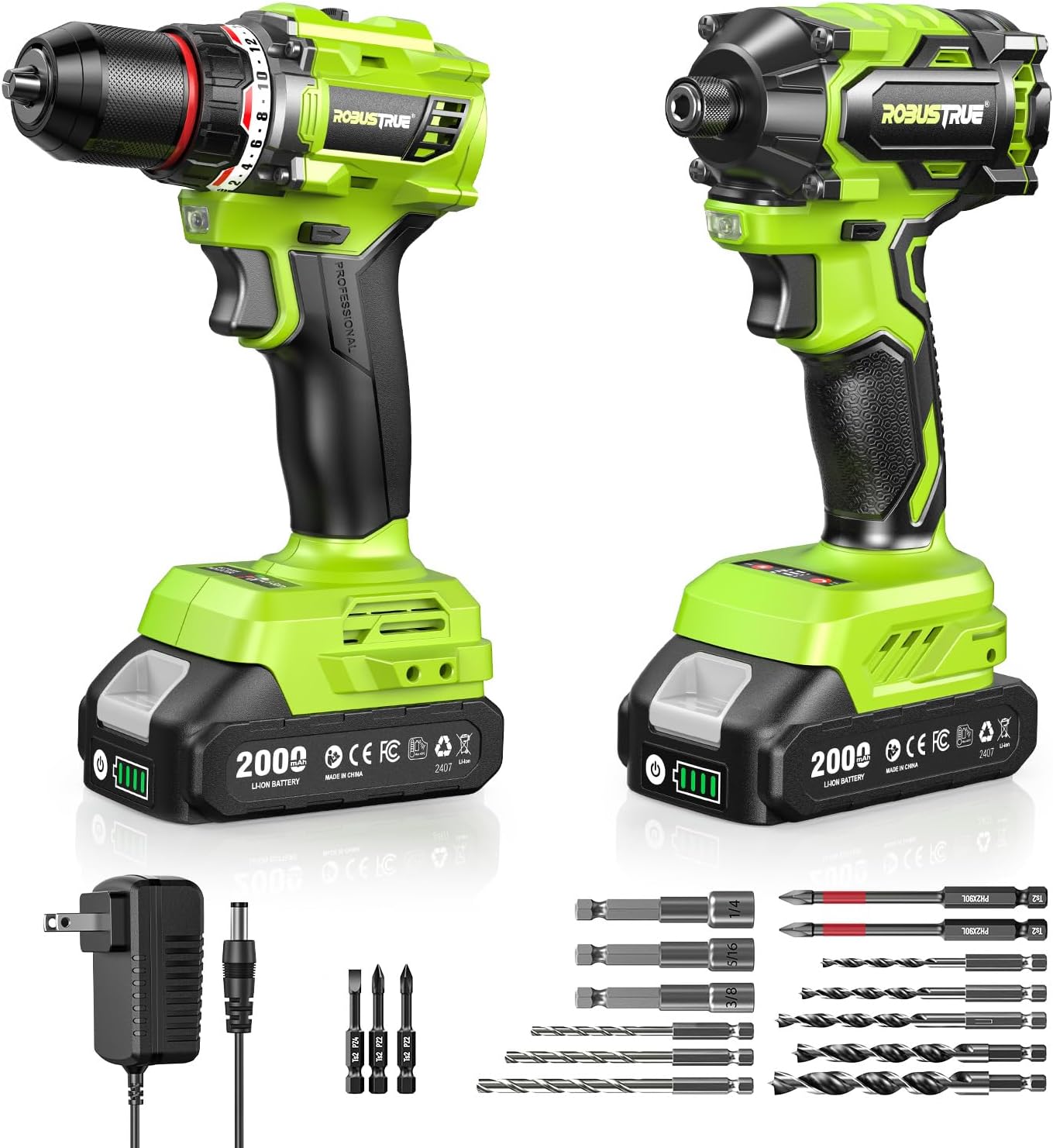 Robustrue 21V Cordless Drill & Impact Driver Combo Kit, 3/8" Drill & 1/4" Impact Driver, 2×2000mAh Batteries, Fast Charger, 16-Piece Bit Set for DIY Projects, Furniture Assembly & Home Repairs
