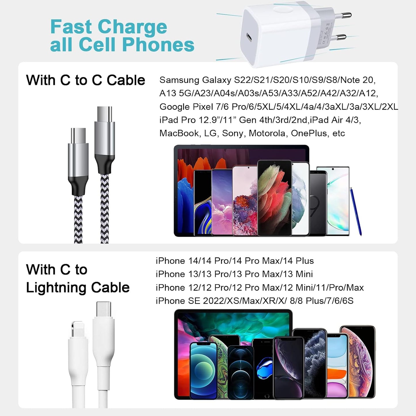 USB C Adapter, European Plug Adapter, 2-Pack Fast 20W Europe Travel Plug Power Adapter Type C Wall Chargers for iPhone 17 16 15 14 13 12 11 Pro Max XR XS X 8,Samsung Galaxy S25 A17,iPad,Google Pixel
