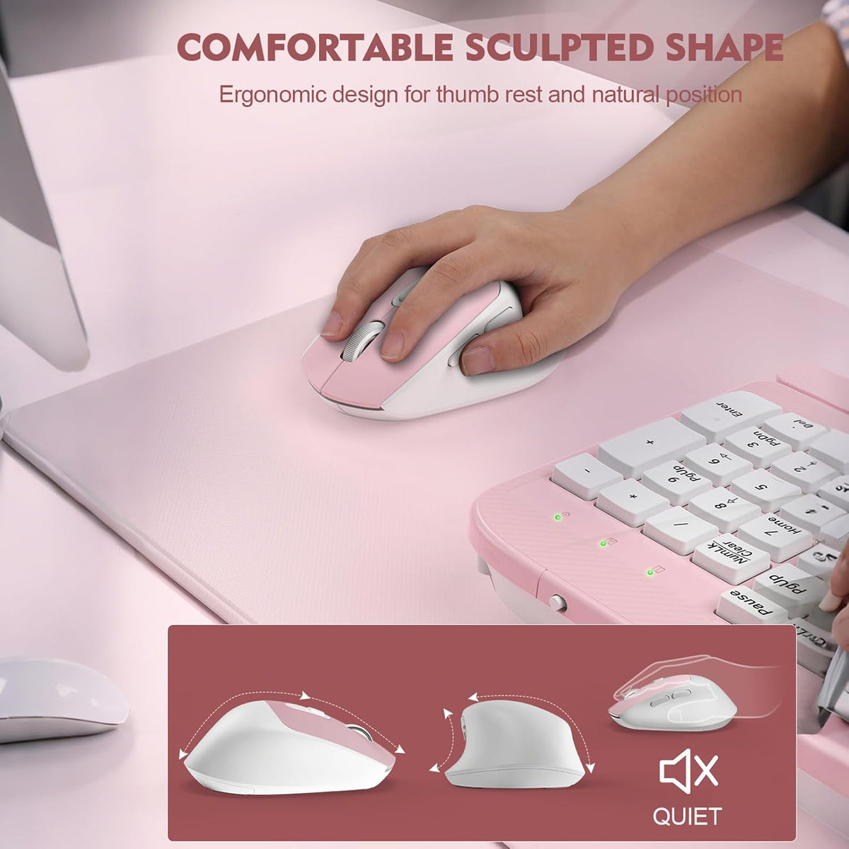 Wireless Keyboard and Mouse Combo, Full-Sized Ergonomic Wave Keys Keyboard with Memory Foam Wrist Rest & Phone Holder, 2.4G Quiet Keyboard Mouse Work Setup for PC Laptop, Office or Home (Pink)