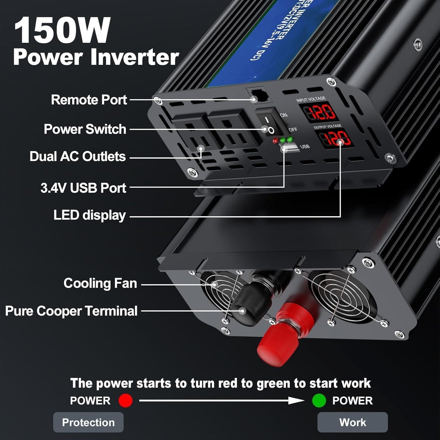 3000W Power Inverter 12V DC to 110V/120V AC Converter, 6000W Peak RV Use | LCD Display & Remote Control, Dual AC Outlets，3.4A USB Port for RV, Truck, Solar System, Emergency Backup, Camping,Off-Grid