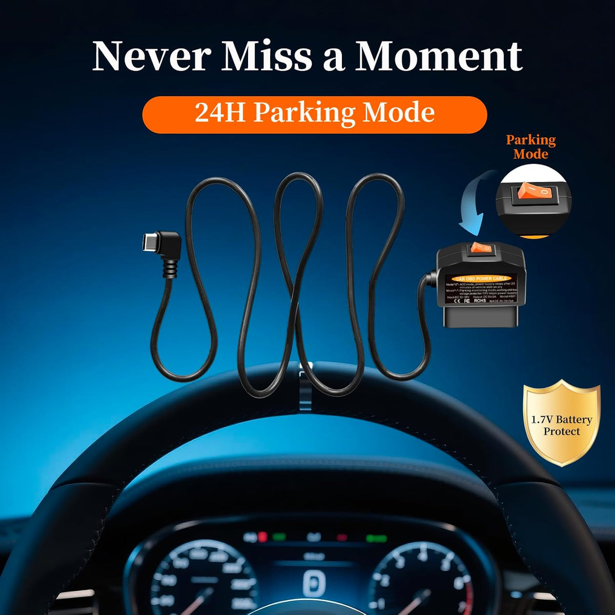 OBD2 to USB C Power Adapter for Dash Cam, Hardwire Kit with Parking Mode, Low Voltage Protection (11.6V/23.4V), Acc Detection, Plug and Play Continuous Recording Cable（Type-C