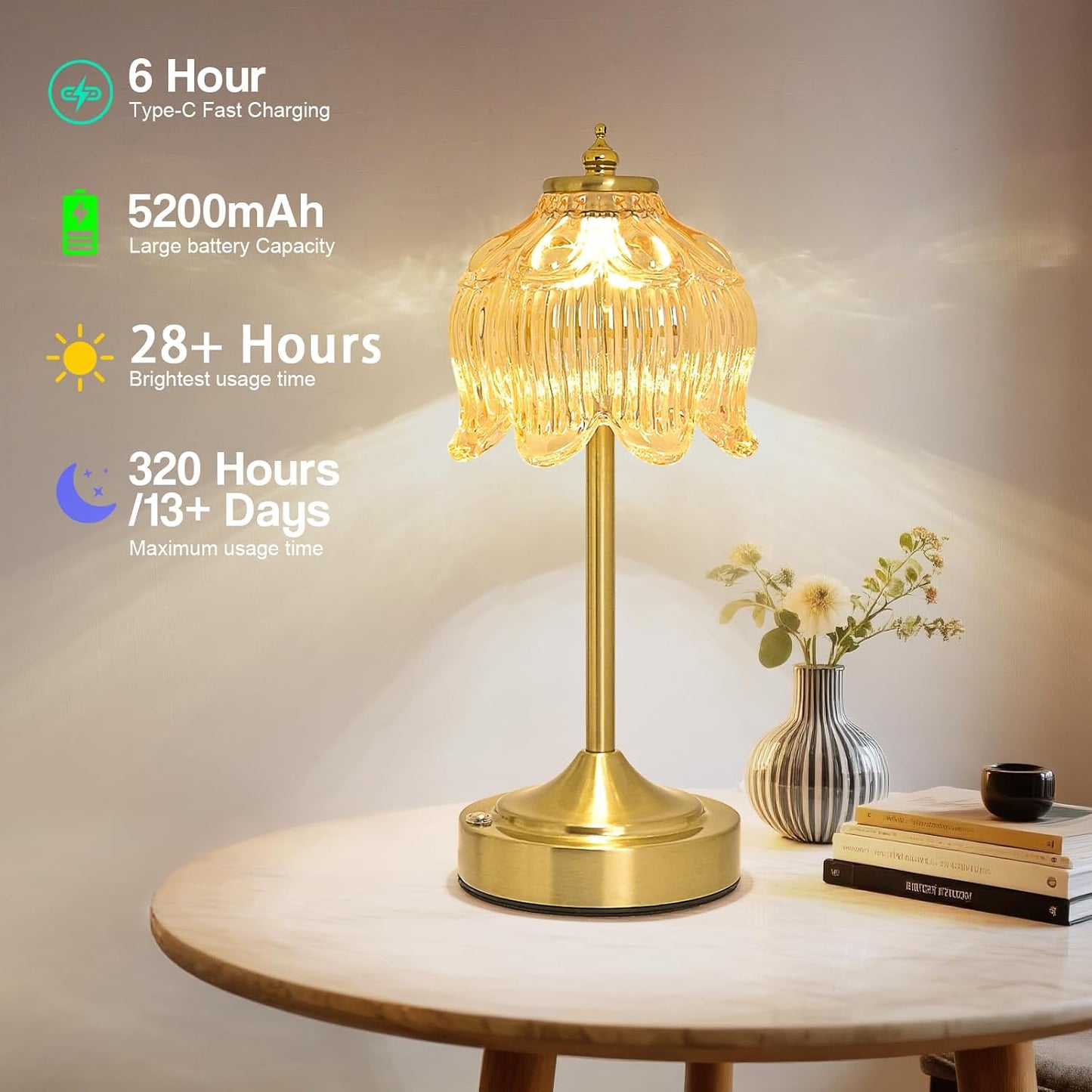 Cordless Lotus Flower Table Lamp, 5200mAh Rechargeable Battery Operated Portable Lamp, 3-Color Dimmable Touch Control Small Desk Lamp for Bedroom, Office, Kitchen, Nightstand,Room Decor (Flower Amber)