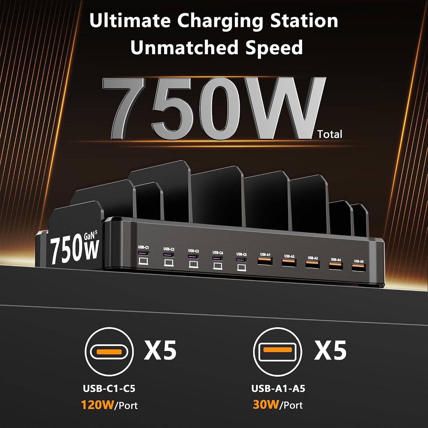 750W Charging Station for Multiple Devices, Zobirez 10-Port Fast Charger, 5 USB-C 120W Each and 5 USB-A 30W Each, Desktop Charging Hub for Laptop Phone Tablet, Black