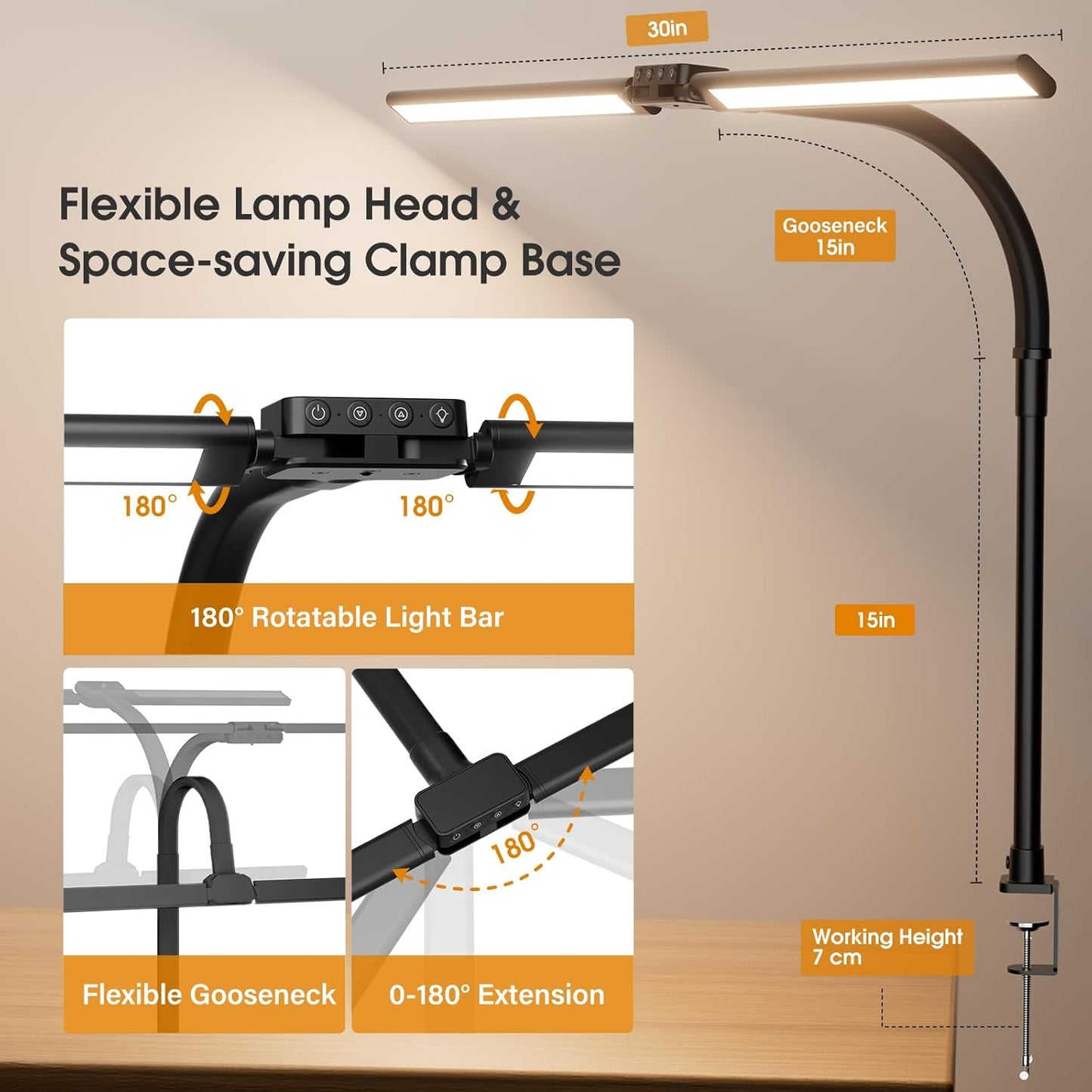 LED Desk Lamp for Home Office - Dimmable Computer Desk Light with Clamp, Modern Architect Task Lamp with Color Changing, Flexible Desktop Lamp with Gooseneck for Monitor, Double Head, Black