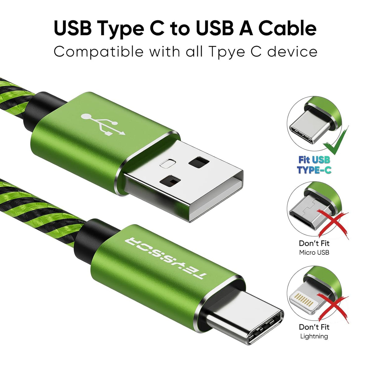 Teyssor USB C Cable 10FT 5-Pack Nylon Braided USB A to Type C Fast Charging Cord Compatible with Samsung Galaxy S24 S23 S22, Note 20 10 9 8, Moto G7 G8