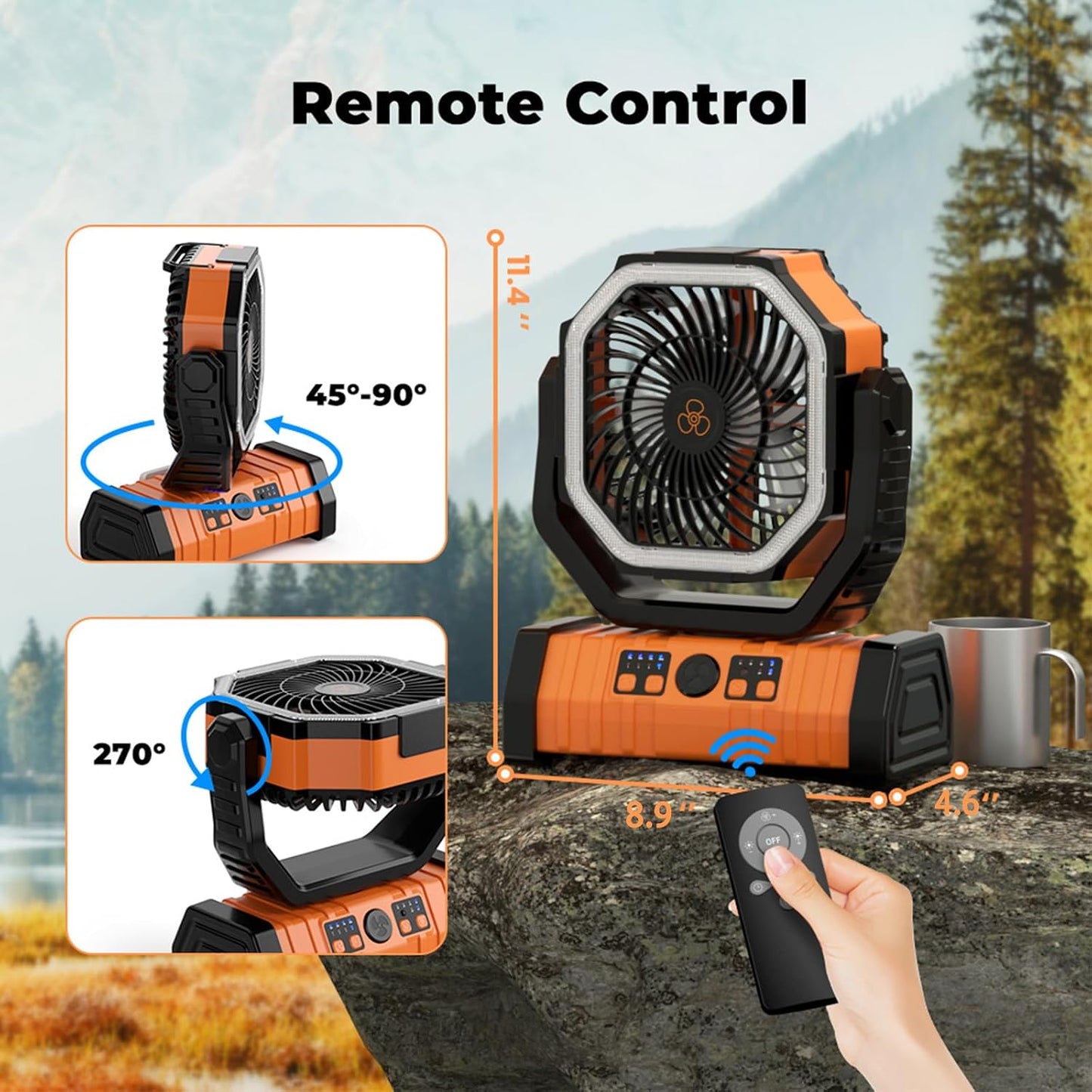 Camping Fan - 20000mAh Battery Powered Fan Rechargeable with LED Lantern - Portable Outdoor Tent Fans with Hanging Hook 4 Speeds Wind Remote Control, Black and Orange