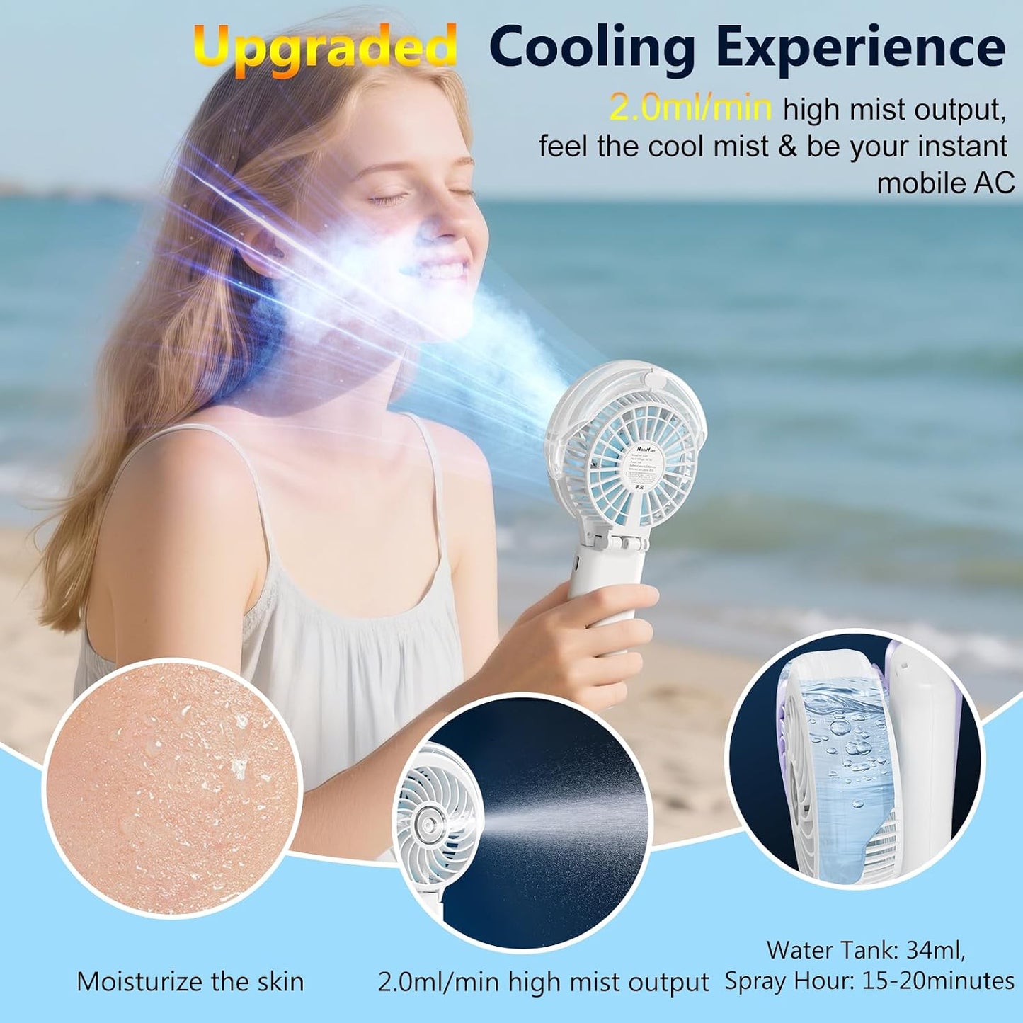 HandFan 5200mAh Upgraded Personal Misting Fan, Rechargeable Handheld Mister Fan, Spray Water Mist Fans, Portable Cooling AC, Electric Mini Hand Fans for Beach Travel Outdoors(White)