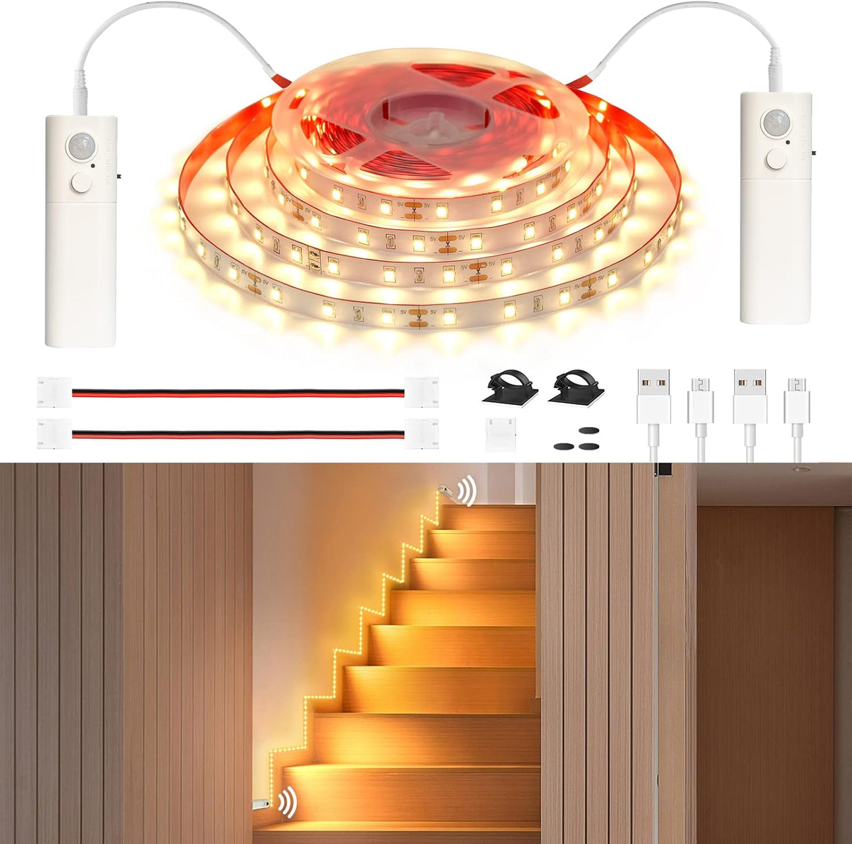 WOBANE 16.4ft Dual Motion Sensor Under Bed Lights,Rechargeable LED Strip