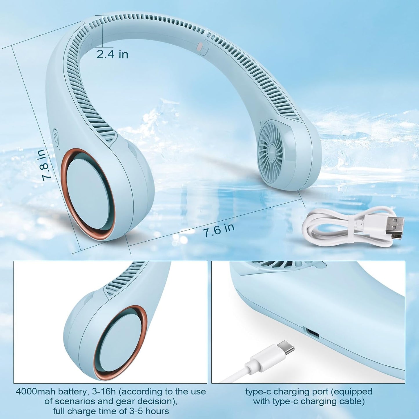CIVPOWER Neck Fan: Portable Personal Neck Cooling Rechargeable Bladeless Fan - Hands Free 3 Speed 4000 mAh Battery USB Operated Wearable Headphone Design - Gift for Men Women Outdoor (Light Blue)