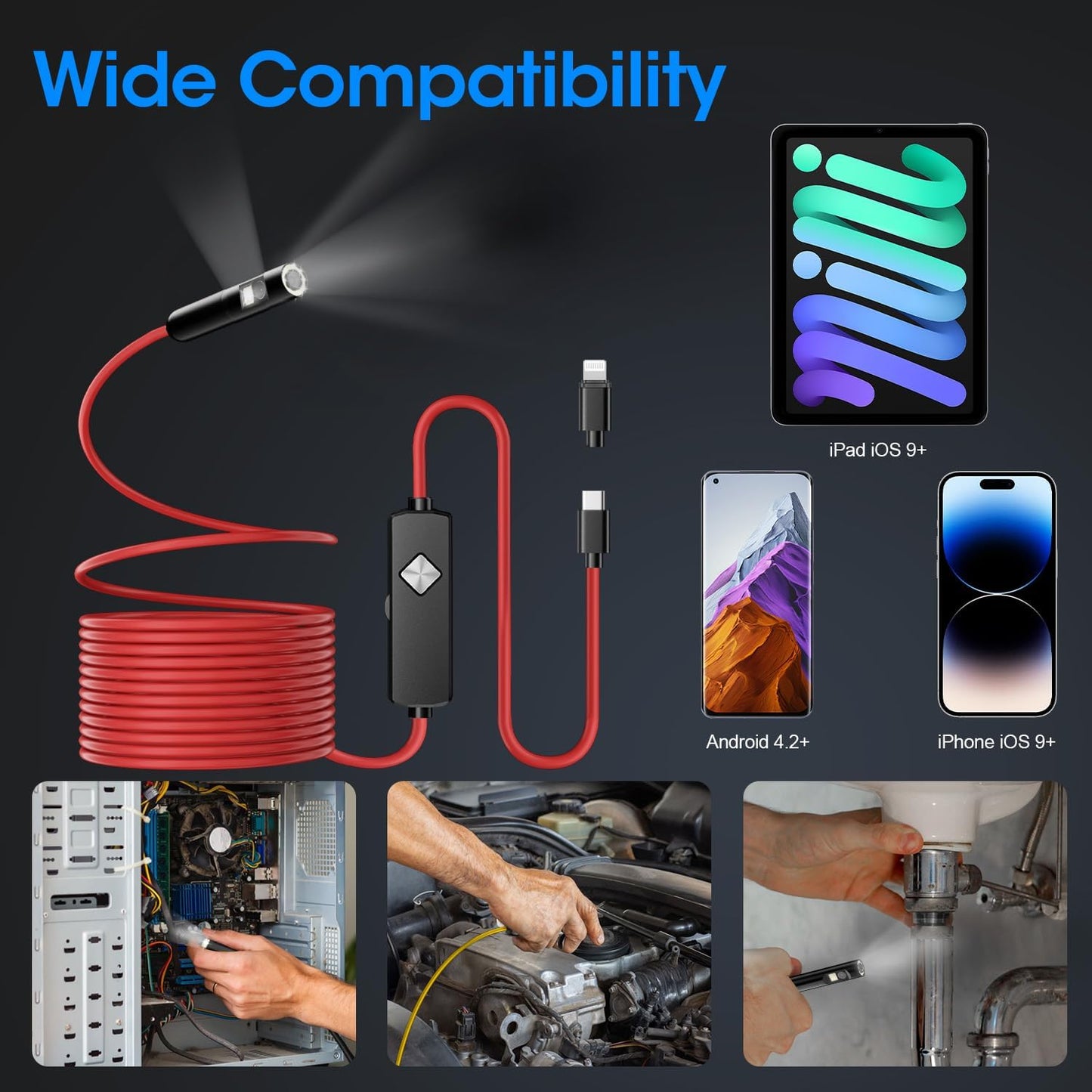 Endoscope with Light, 1920P HD Borescope with 8 Adjustable LED Lights, Semi-Rigid Snake Camera, IP67 Waterproof Inspection Tool (9.8ft, Red Harness + Dual Lens)