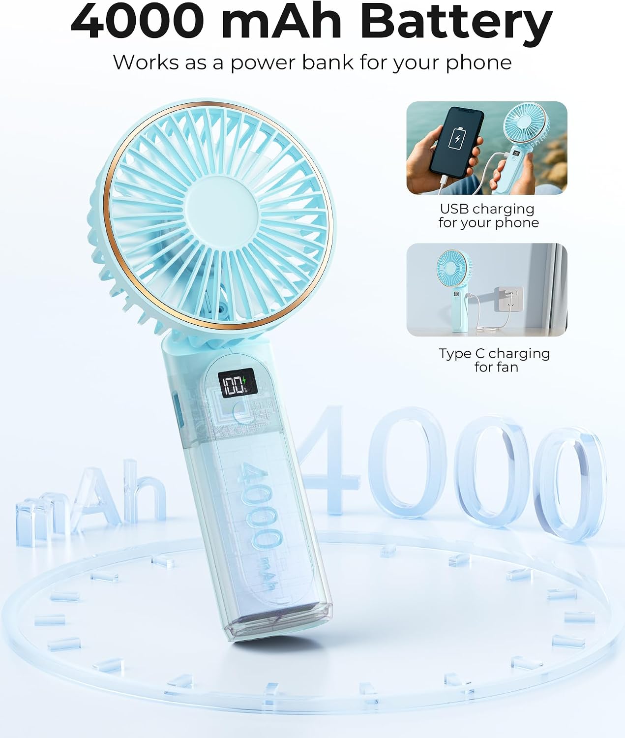 TUNISE Portable Handheld Fan, 4000mAh, 180 Adjustable, 6 Speed Wind, USB Rechargeable Foldable Fan with Real-Time Electricity Display