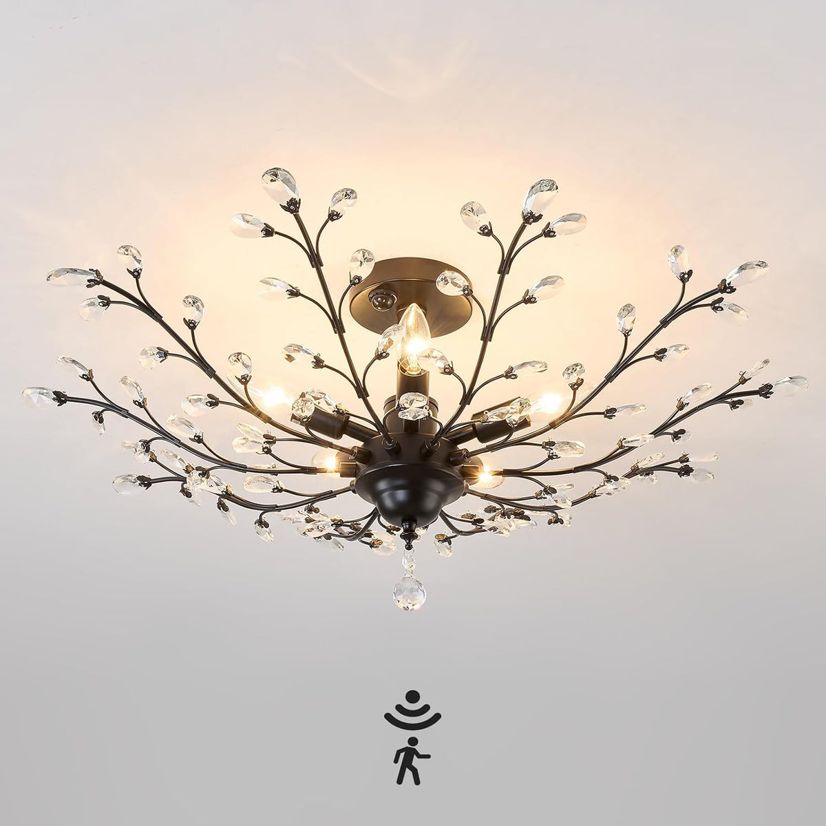 CVKASH Motion Sensor Crystal Chandelier Modern Black Semi Flush Mount Ceiling Light Fixture Vintage Small Chandelier Lighting for Kitchen Bedroom Living Room Dining Room Hallway Foyer