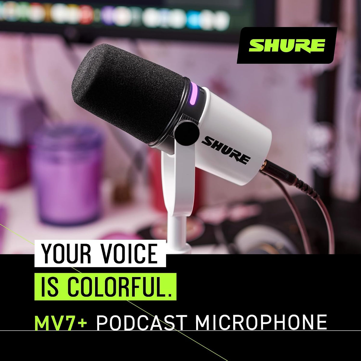 Shure MV7+ USB-C &amp; XLR Podcast Dynamic Microphone - White | USB-C and XLR dynamic mic with LED touch panel, auto level and pop filter for podcasting, streaming and recording